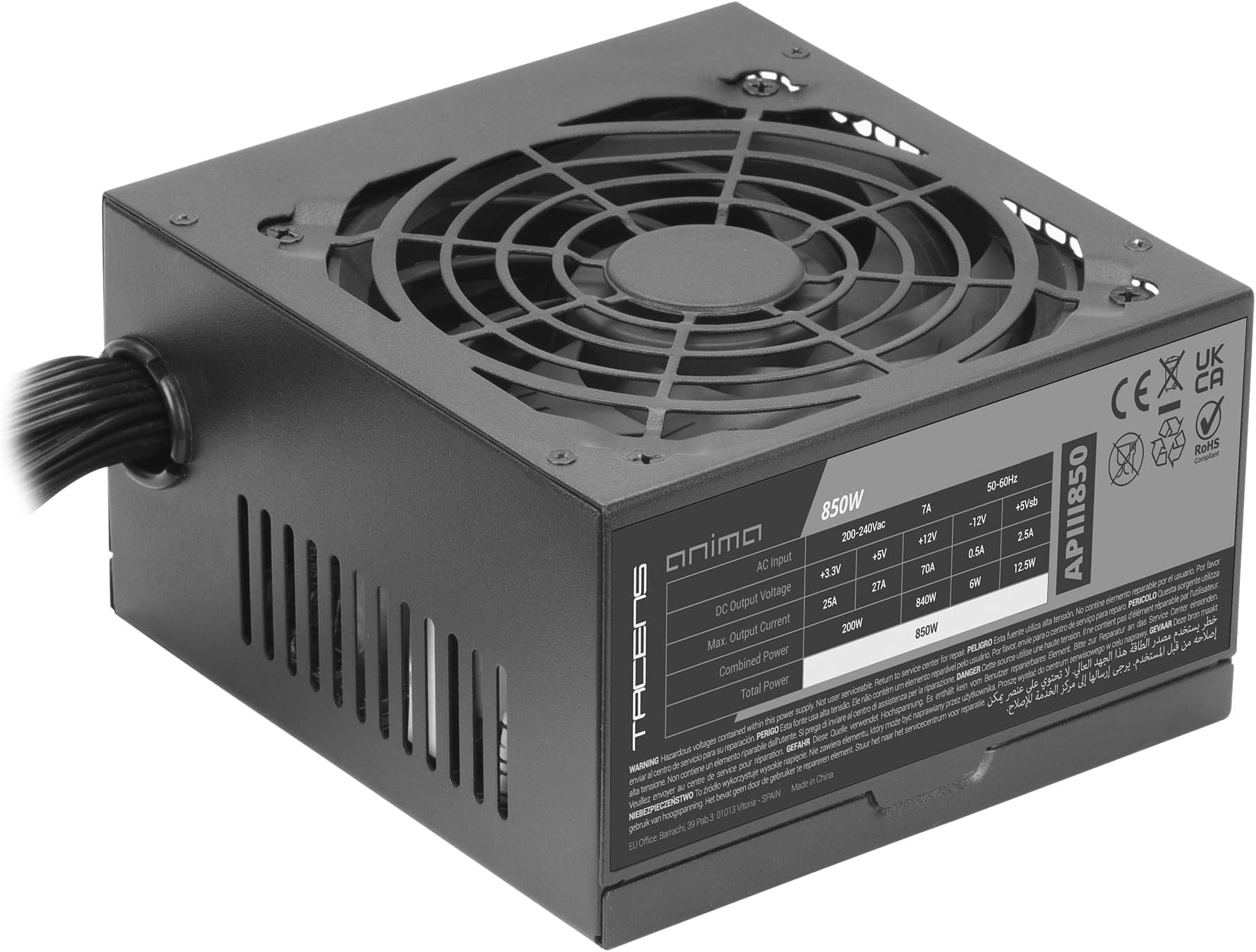 Tacens Anima APIII850, ATX 850W Power Supply, SMD and DC-DC Technologies, 85% 12V Efficiency, Ultra-Quiet 12cm Fan, 105º Japanese Capacitors, Carbon Fiber Cables, Black