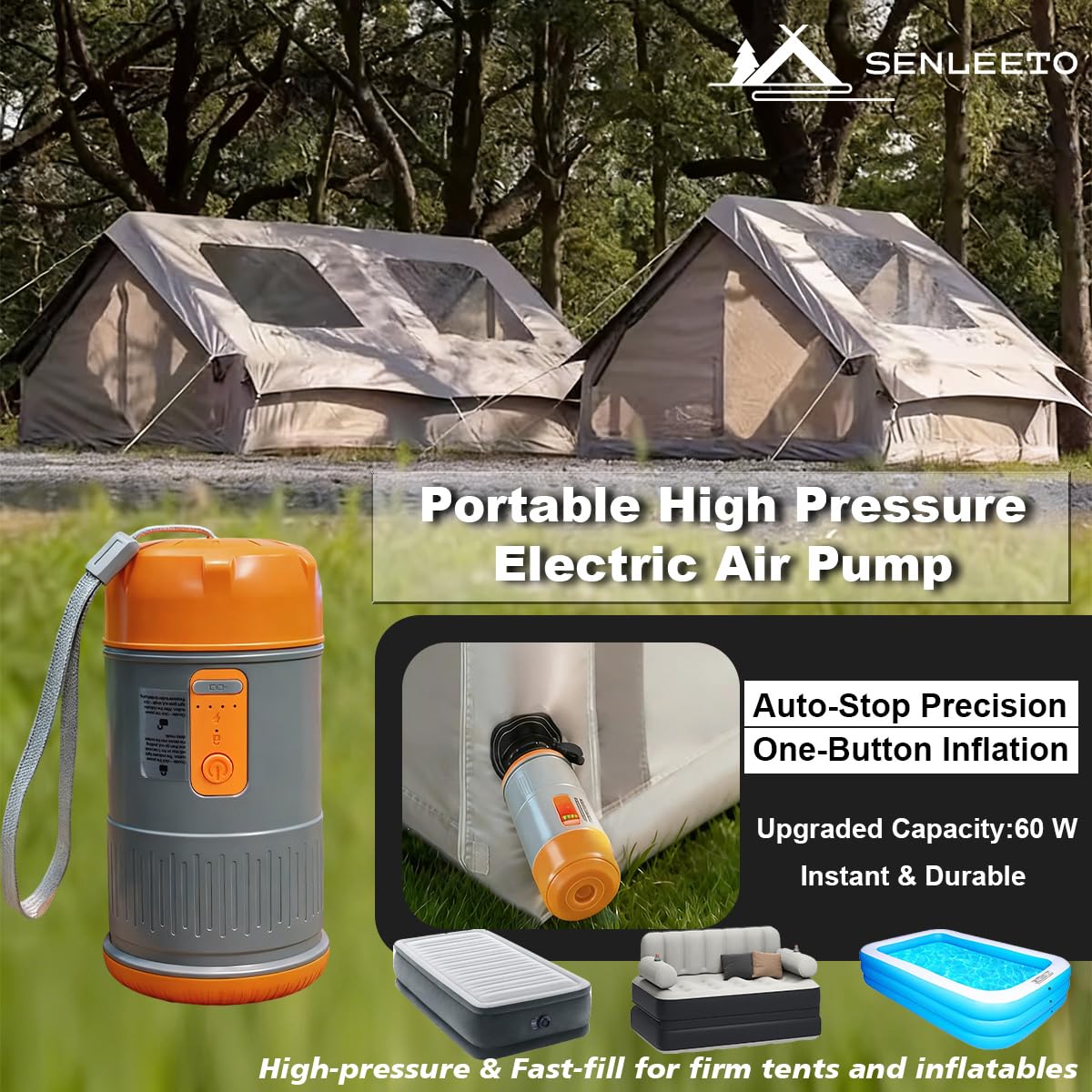 SENLEETO 40L/min High Pressure Eletric Air Pump for Inflatable Tents,7PSI Air Compressor with Auto-Off, Rechargeable 5V Electric Pump for Inflatable Pillows & Air Mattresses, Portable for Outdoors. : Sports &
