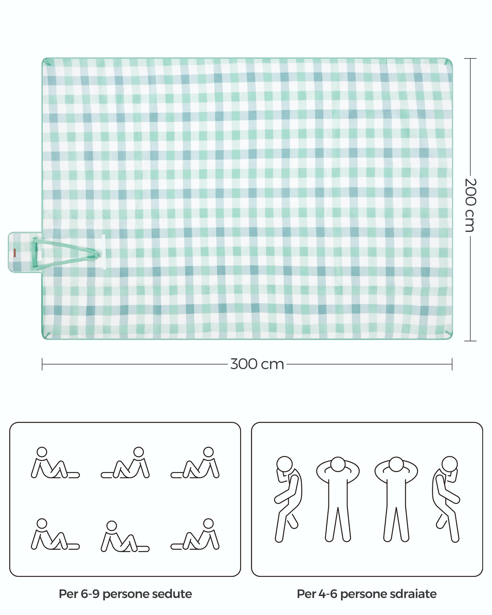 SONGMICS Coperta Picnic 300x200 cm Impermeabile Pieghevole Verde Bianco