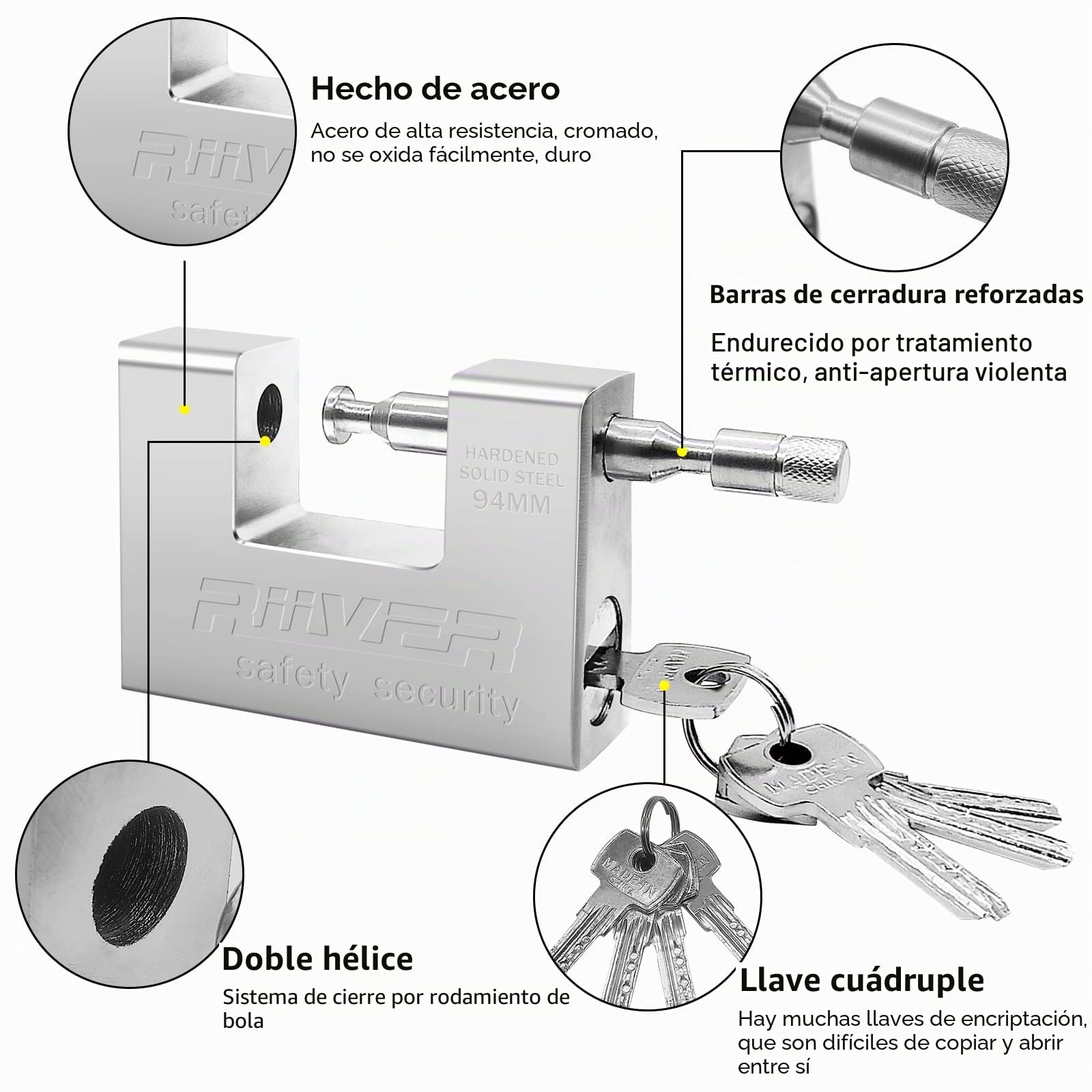 Candado Seguridad Resistente 1 kg con 4 Llaves, Candado Rectangular Acero Endurecido Monobloque, Candado de Seguridad para Contenedor Cadena Cobertizos Puertas Portones Almacenes (94mm)
