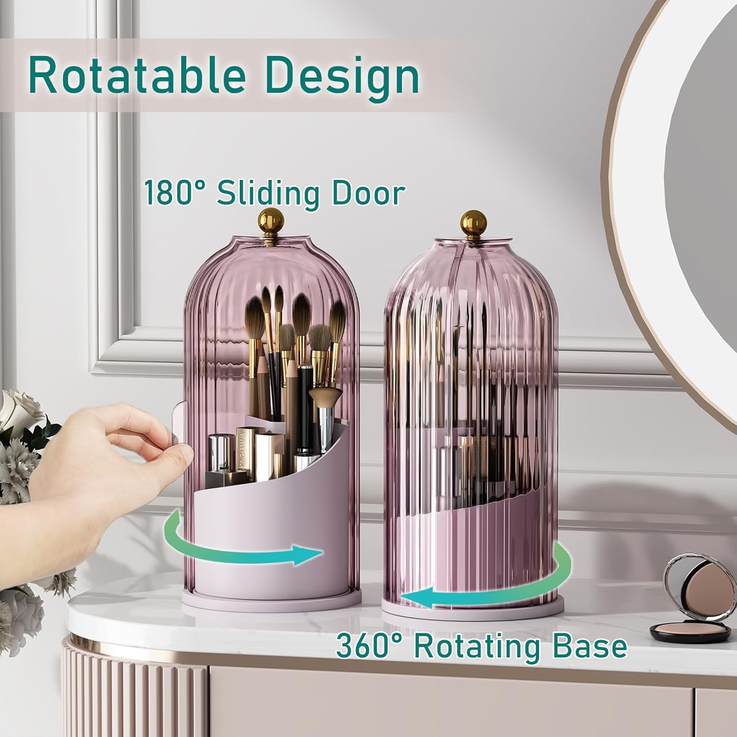 GAXmi Makeup Brush Holder with Lid Cosmetic Tools Organizer 360 Rotating Waterproof Dustproof Beauty Brushes Storage for Vanity, Pink-Purple - Image 3