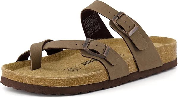 CUSHIONAIRE Luna Crossover Toe Strap Womens Sandals – Cork Footbed Slides with Adjustable Straps, Summer Sandals for Women 2025, BROWN 8