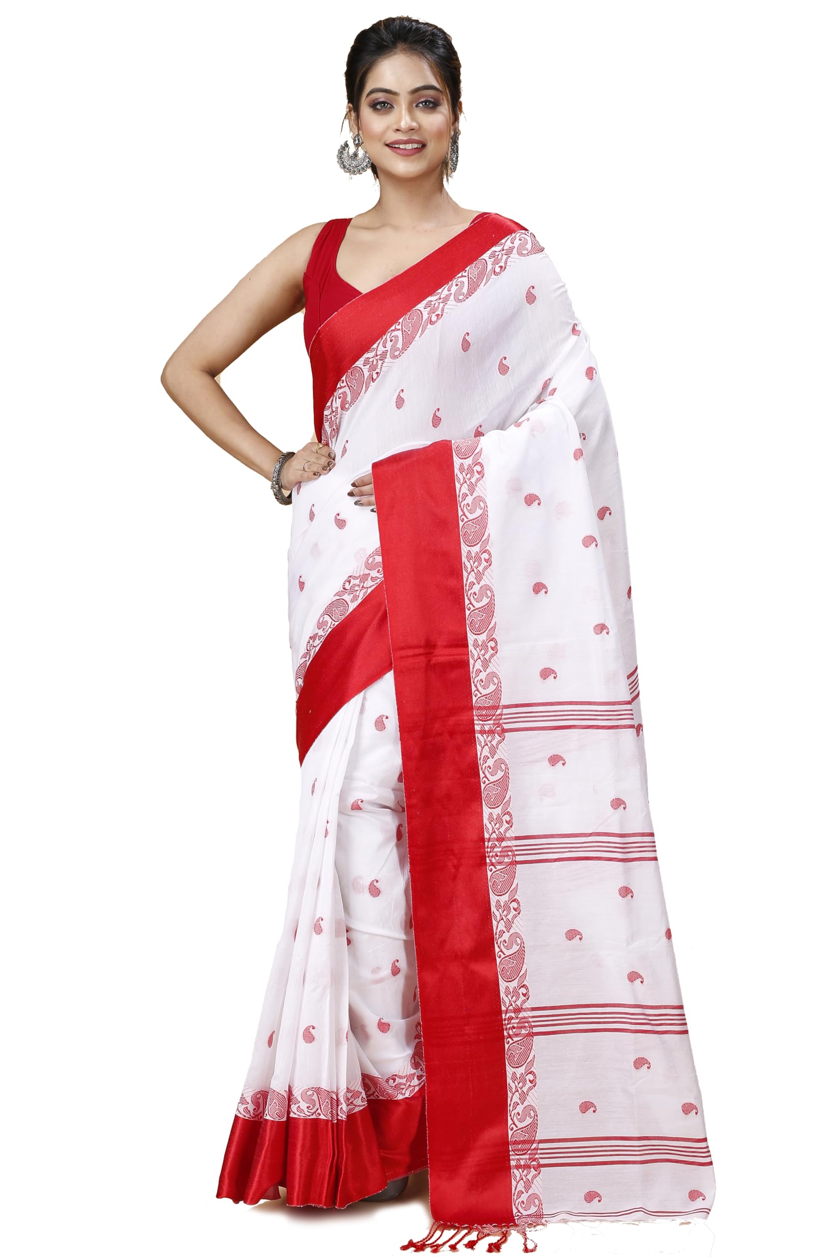 Tant Vastra Women's Traditional Handloom Zari Work Lata Border Cotton Silk Saree With Blous Piece