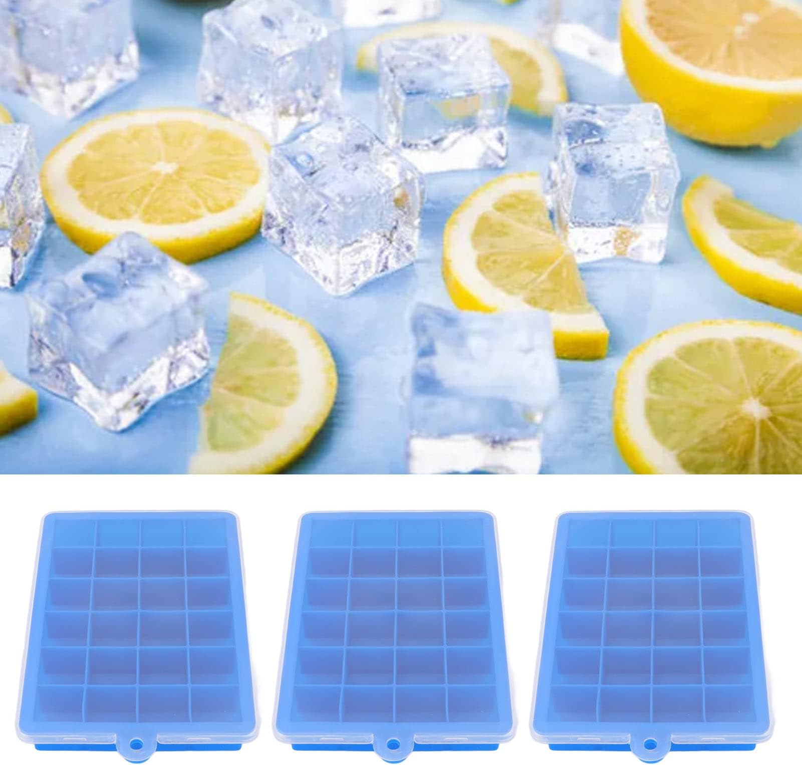 Ice Cube Trays 3 Pack, Ice Cube Tray with Lid and Storage Bin for Freezer, Easy Release Ice Tray with Spill Resistant Cover Reusable 24 Grids Ice Cube Mold(Blue)