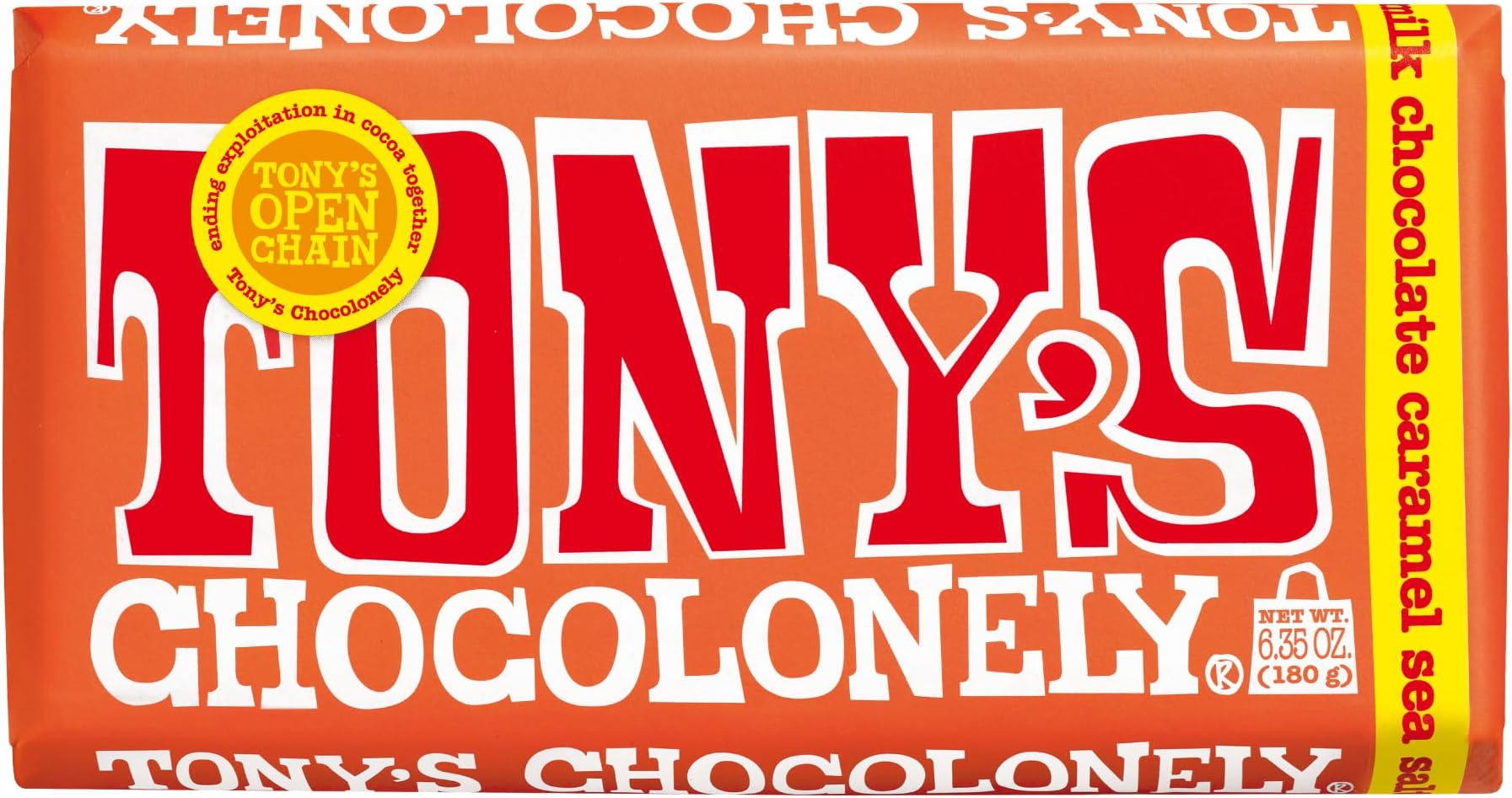 Tony’s Chocolonely Belgian Milk Chocolate Candy Bar With Caramel & Sea Salt for Snacks, Chocolate Bar for Party Favors, Gifts, or Gift Basket, 32% Cacao, Made From Quality Fairtrade Cocoa, 6.35 Oz