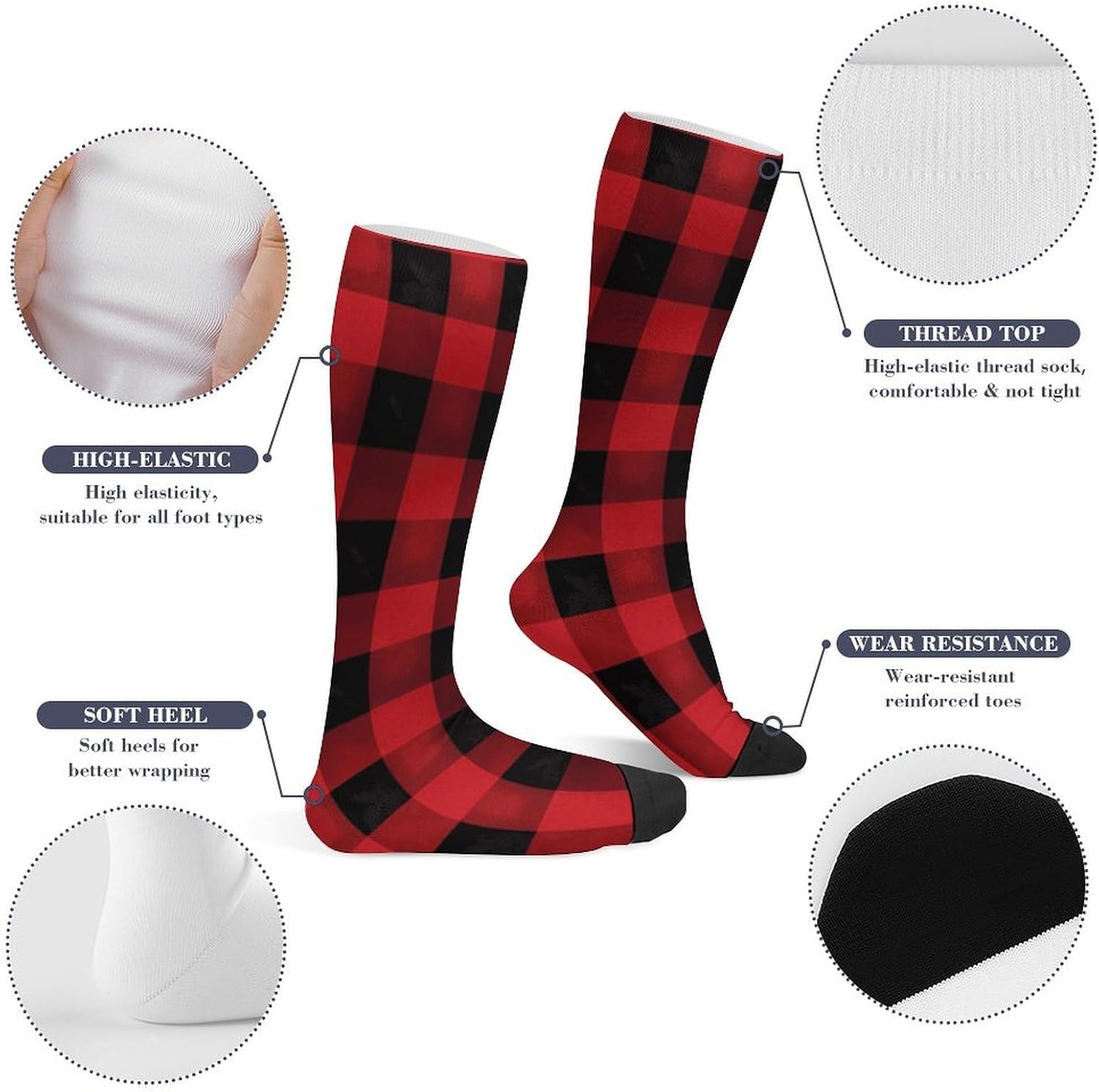 Knee High Socks Buffalo Plaid Long Tube Boot Seamless Toe