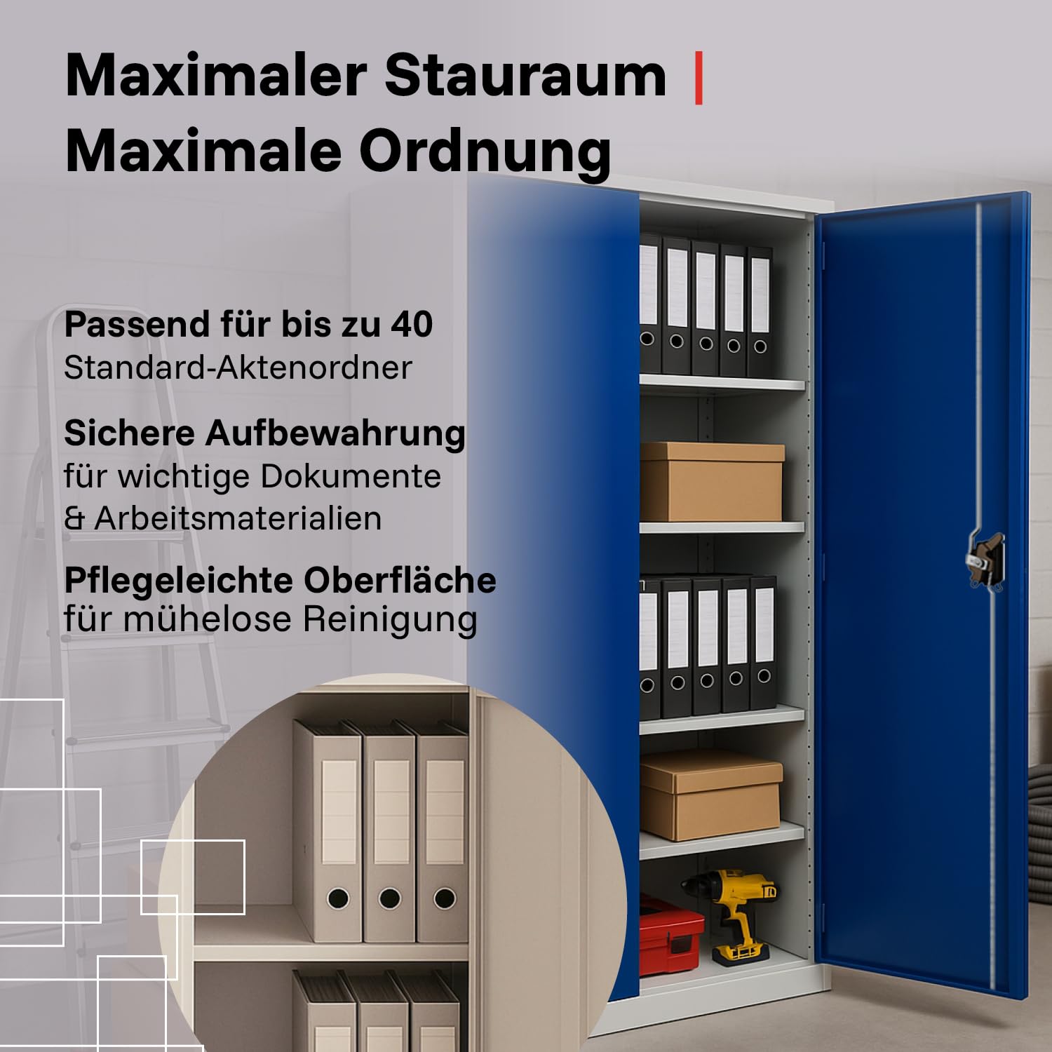 LagerZwei Mehrzweckschrank 185x90x40cm I Metallschrank, 4 Fachböden I Aktenschrank, abschließbar I Robuster Allzweckschrank als Werkstattschrank & Büroschrank I Stahlschrank blau-weiß