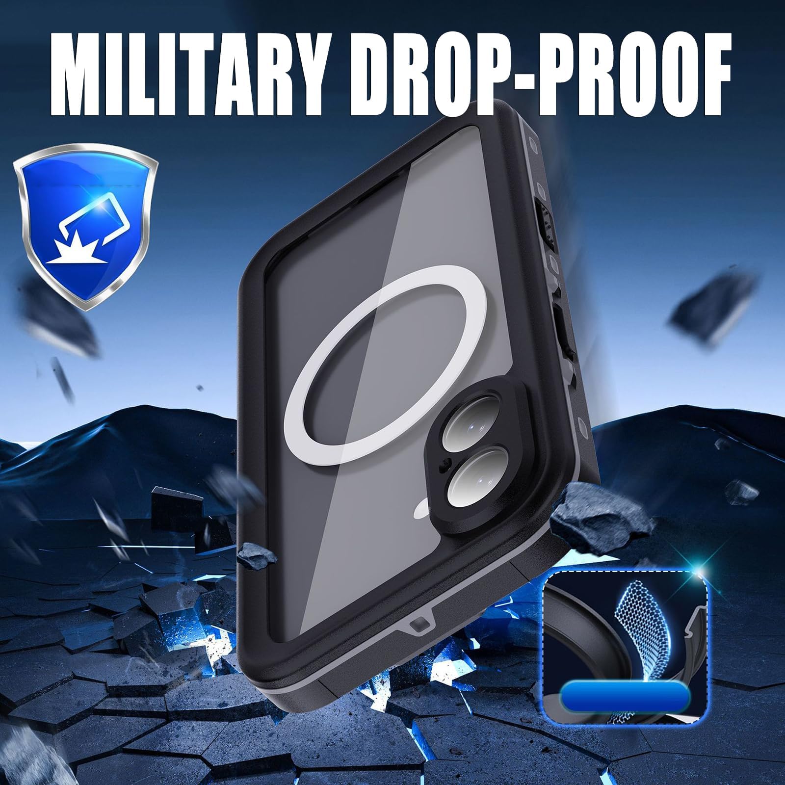 Funda Magnética para iPhone 16/16 Plus/16 Pro/16 Pro MAX, Funda Resistente Al Agua IP68, Protección con Sello Militar, Resistente Al Polvo,16Pro,Black