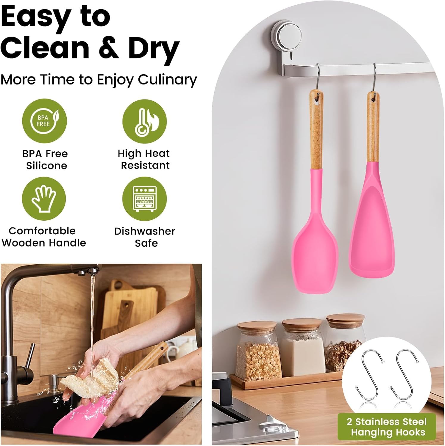 Large Silicone Cooking Spoons Set, 2 Pcs Heat Resistant Serving Spoon, Multifunction Nonstick Spatula Spoon for Mixing, Stiring, Basting, Scooping,Scraping (Berry Carnival Fuchsia) image 5