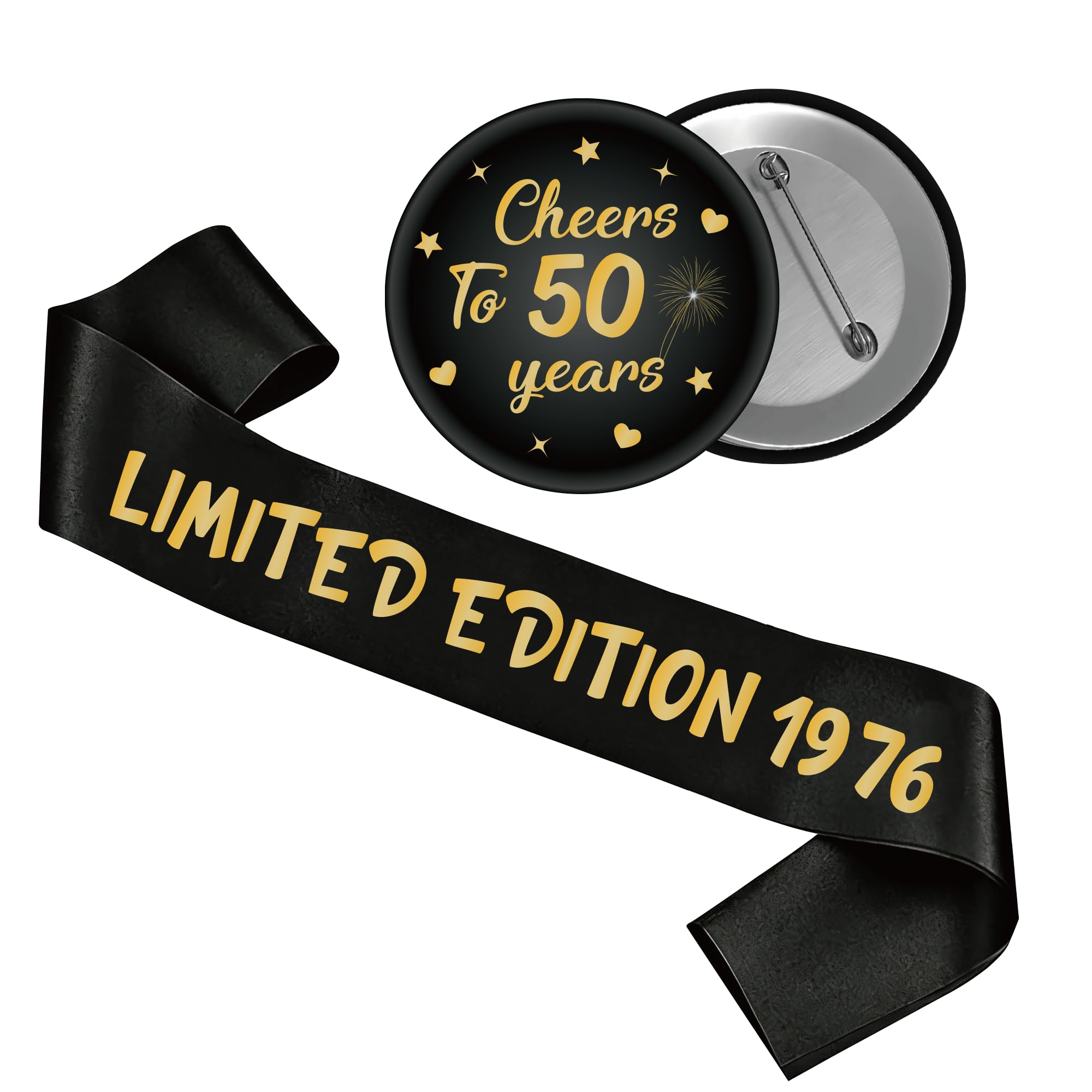 50th Birthday Decorations Badge Sash - Black Gold Limited Edition 1976 Sash and Cheers TO 50 Years Badge Accessory Gift for Men Women 50 Year Old Retro Theme Happy Birthday Party Supplies