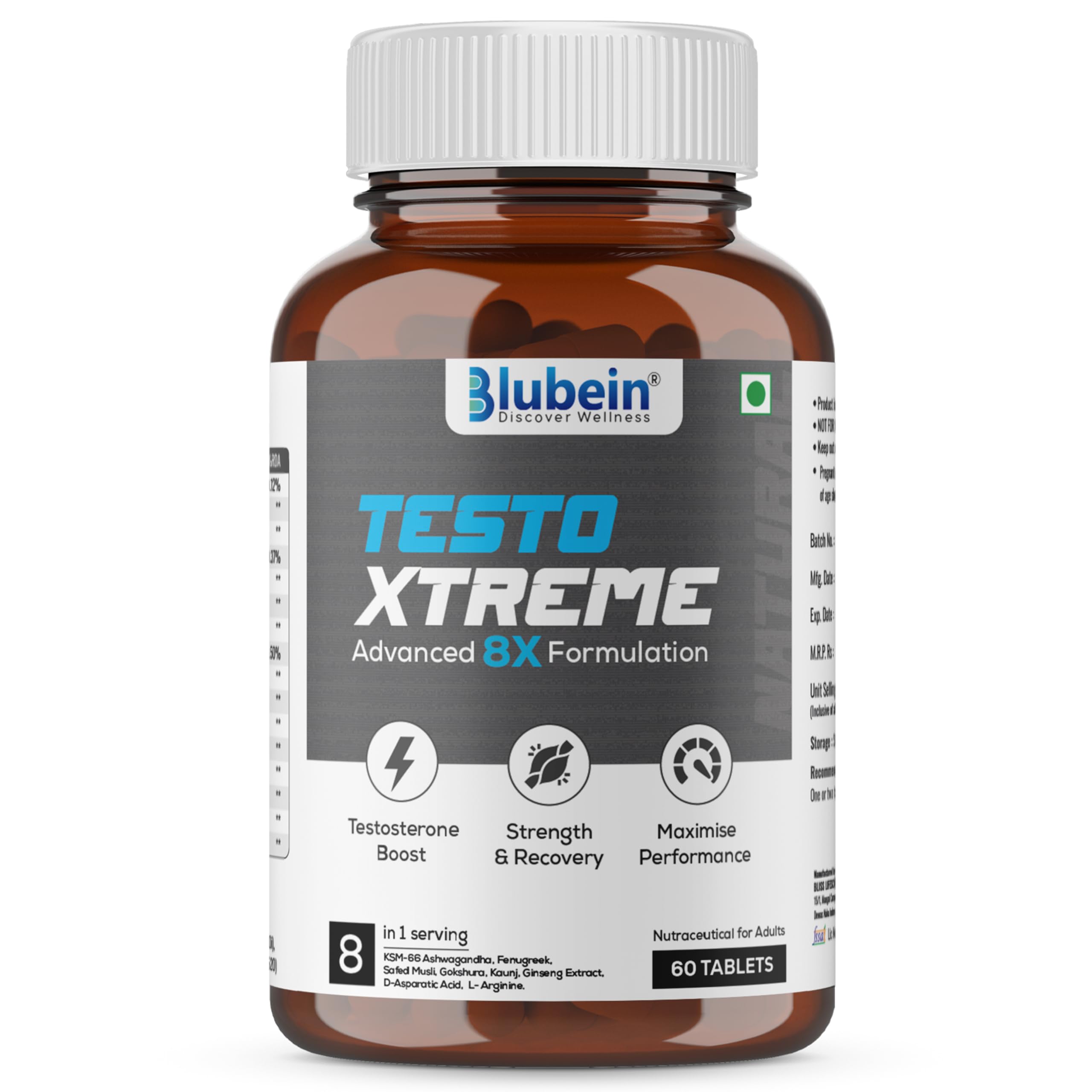 Testo Xtreme | Natural Testosterone Support for Men with KSM-66 Ashwagandha & 8 Herbal Extracts | Supports Muscle Growth, Strength, and Stamina - 60 Veg Tablets