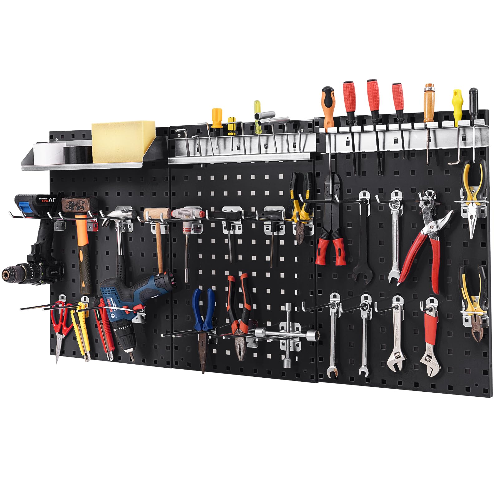 HOMFME Wall Mounted Peg Board Kit, Metal Pegboard Set with Hanging Hooks, Utility DIY Peg Panel Organiser for Home Kitchen Workshop Garage (Black, 3PCS Pegboards+ 28PCS Accessories)