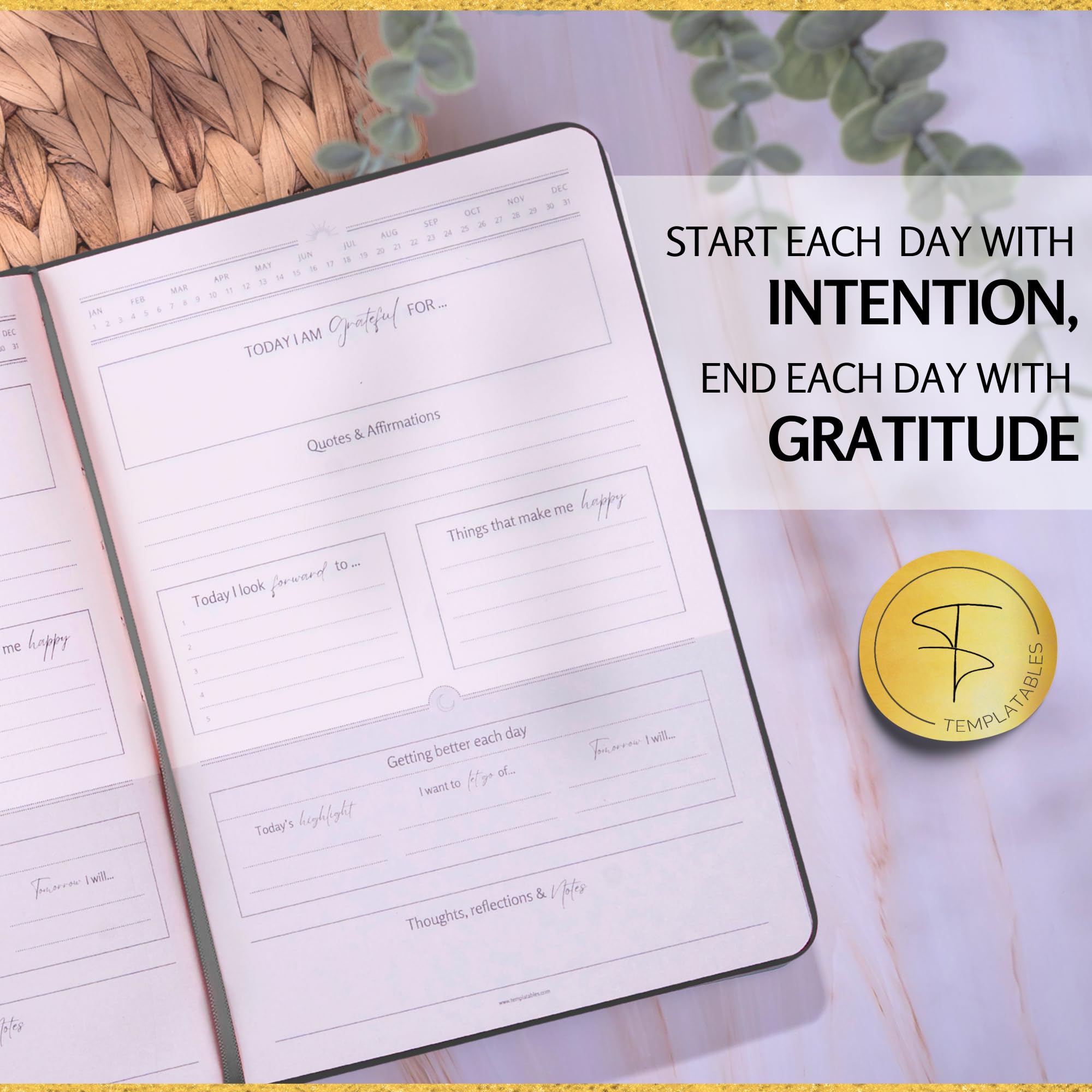 Templatables Gratitude Journal Daily Mindfulness & Self-Care Notebook with Premium Leather Cover, Guided Prompts, 170gsm Paper, Gold Foiling, Satin Ribbon & Luxury Gift Box for Women & Men (Black) - Image 4