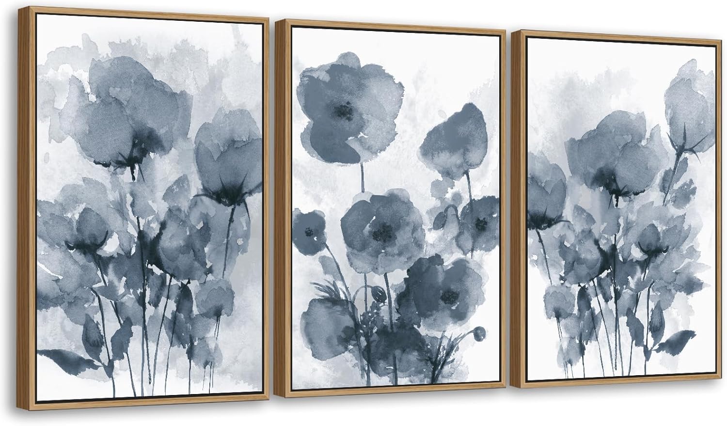 Lianyibo Frameless Botanical Wall Art Abstract Watercolor Style Pictures Grey Blue Floral Wall Decor Minimalist Flowers Artwork Prints(60X90cmx3/Frameless)