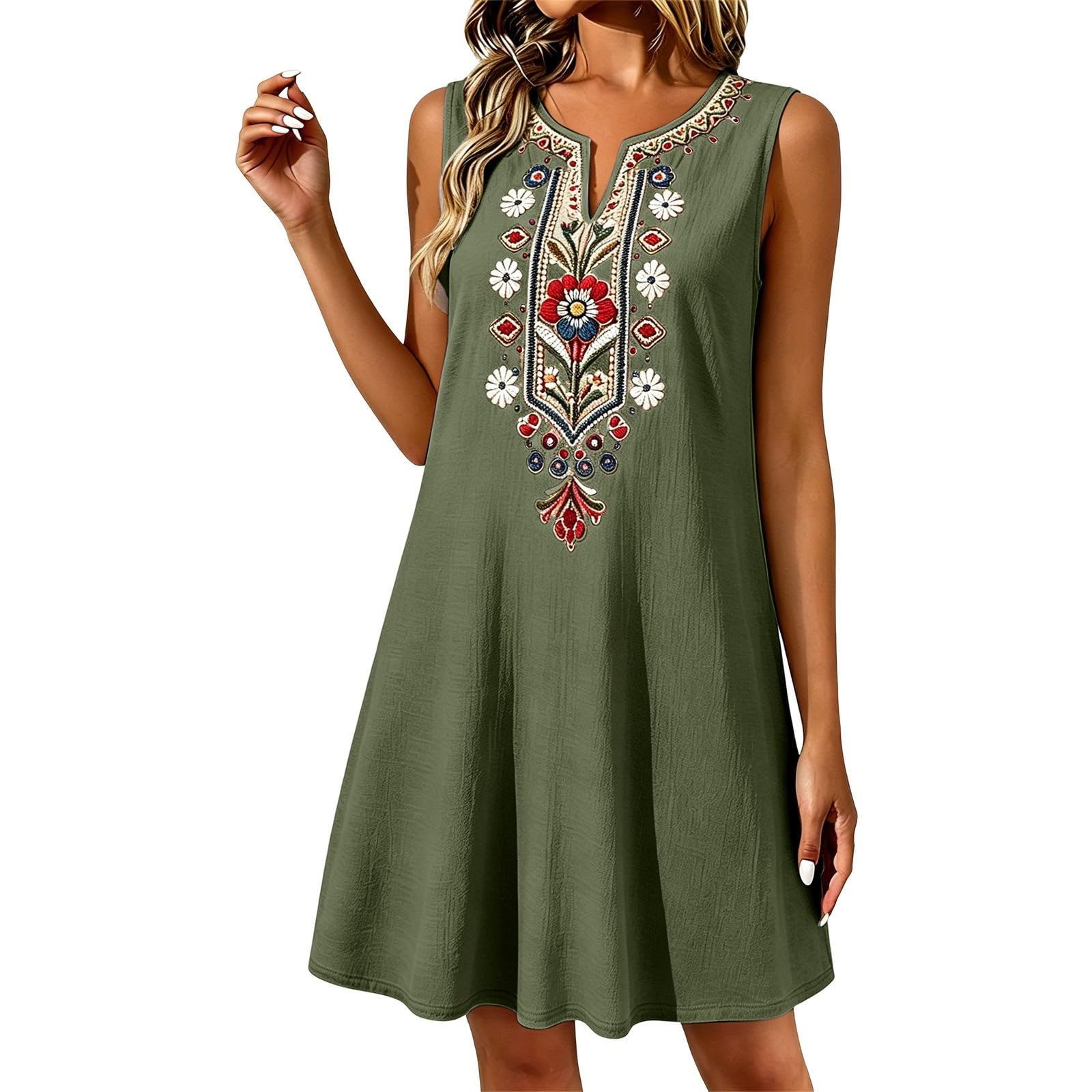 Vestidos de verano aireados Midi Vestido Bohemio Elegante Vestido de Verano Suelto Cuello Redondo Vestido Midi Vestido de Flores Sencillo Vestido de Playa Vestido de Playa Ligero Y Aireado