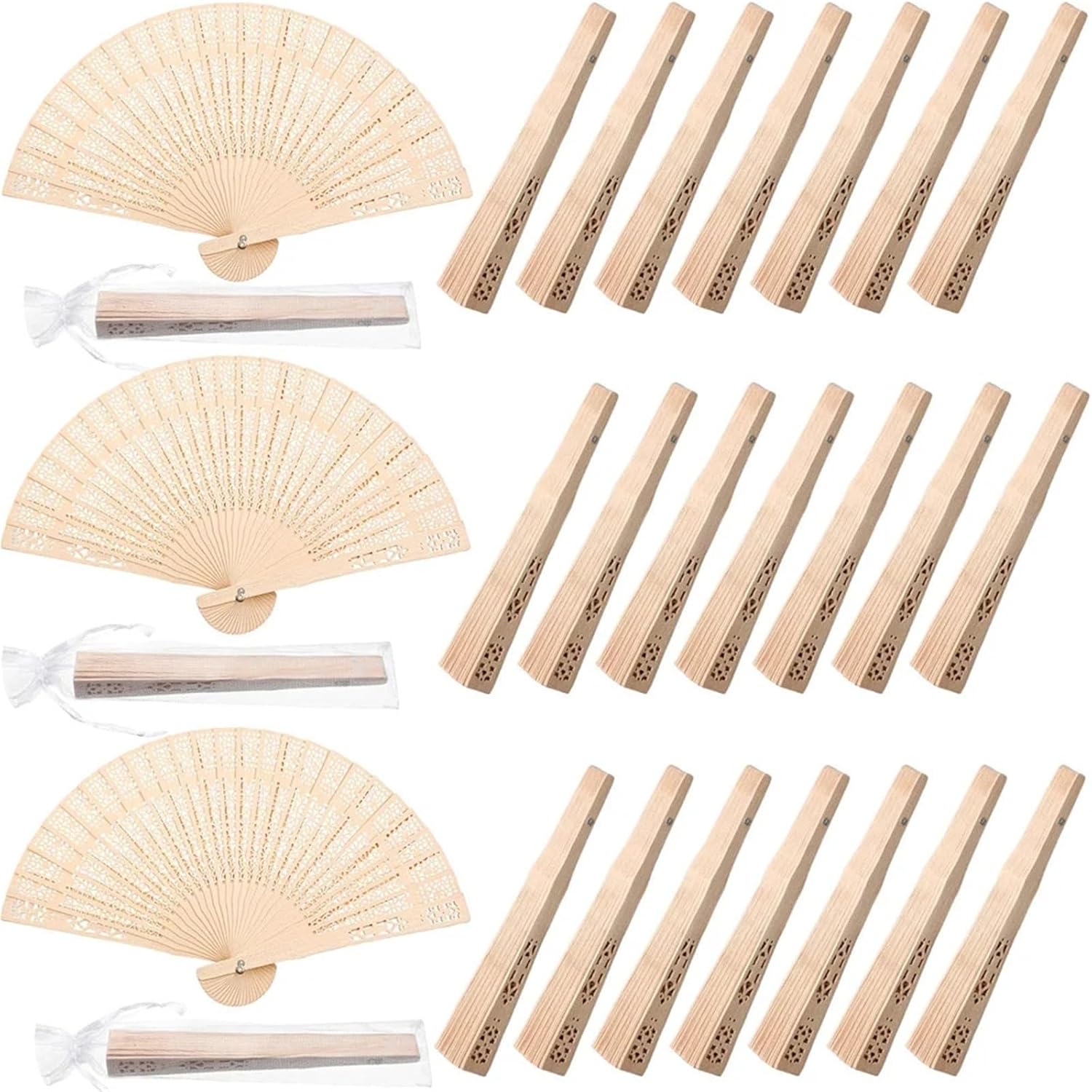 Fans For Wedding Guests 50 Pcs Folding Hand Fans Fashionable Engraved Women Elegant Wood Gifts Fan With Bags Tassels Wedding Mariage Festival Party Dance Props