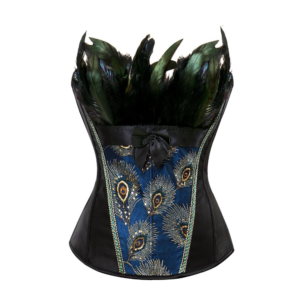 jutrisujo Corsets for Women Overbust Bustiers Top Plus Size Embroidery Sexy Peacock Nobility Feather Burlesque Black 2XL