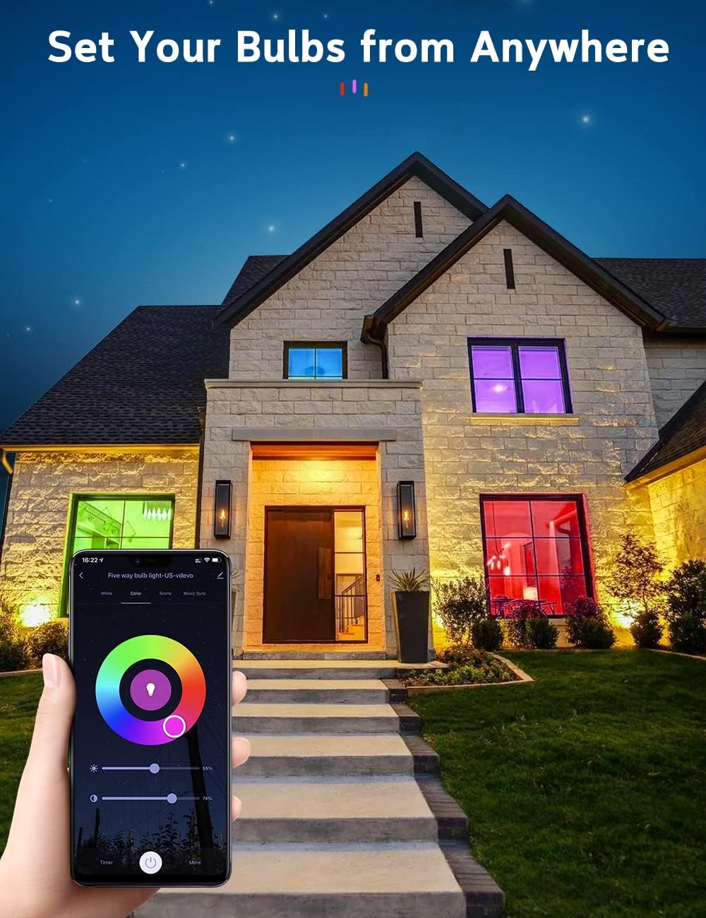 Tasmor Smart Light Bulbs, Color Changing Light Bulbs Works with Alexa & Google Assistant, Dimmable WiFi Light Bulb, RGBCW Multicolor LED Light Bulb A19 E26 60W Equivalent, No Hub Required, 2 Pack