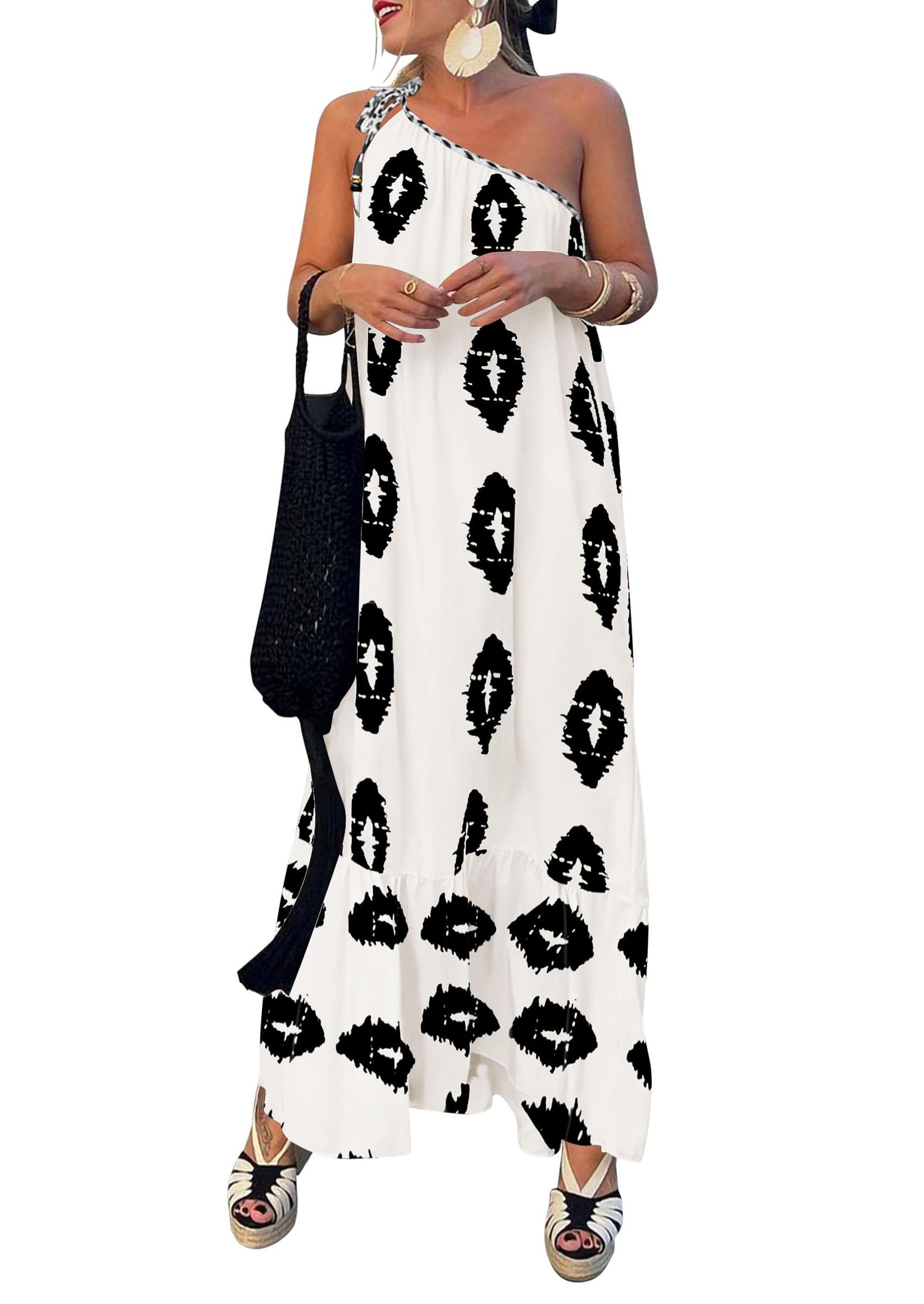 PRETTYGARDEN Women's 2026 Summer One Shoulder Maxi Dress Printed Flowy Boho Long Sundresses Spring Beach Vacation Clothes