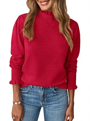 UNCLECAT Womens Ruffle Mock Neck Sweater Casual Puff Long Sleeve Fall Knit Trendy Pullover Sweater Tops