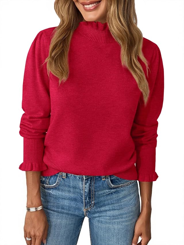 UNCLECAT Womens Ruffle Mock Neck Sweater Casual Puff Long Sleeve Fall Knit Trendy Pullover Sweater Tops