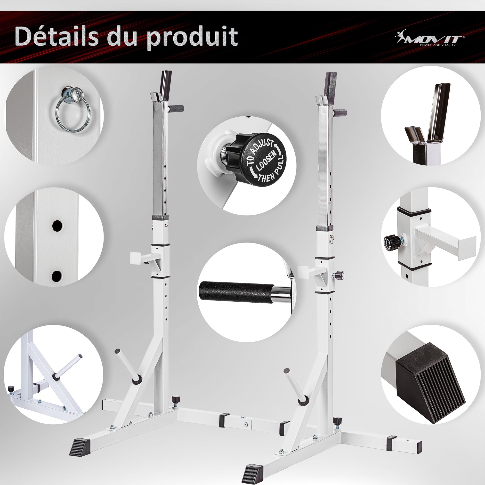 MOVIT Squat Rack Basic avec Station Dip, Hauteur et Largeur réglables, Support pour haltères Support pour haltères Appareil d'entraînement à Domicile Home-Gym, Blanc ou Noir