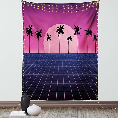 Miniatura 1 de Ambesonne Synthwave Tapestry, Retro Grid Floor with Palm Silhouettes and 80s Vapor Vibes Design, Wall Hanging for Bedroom Living Room Dorm Decor,