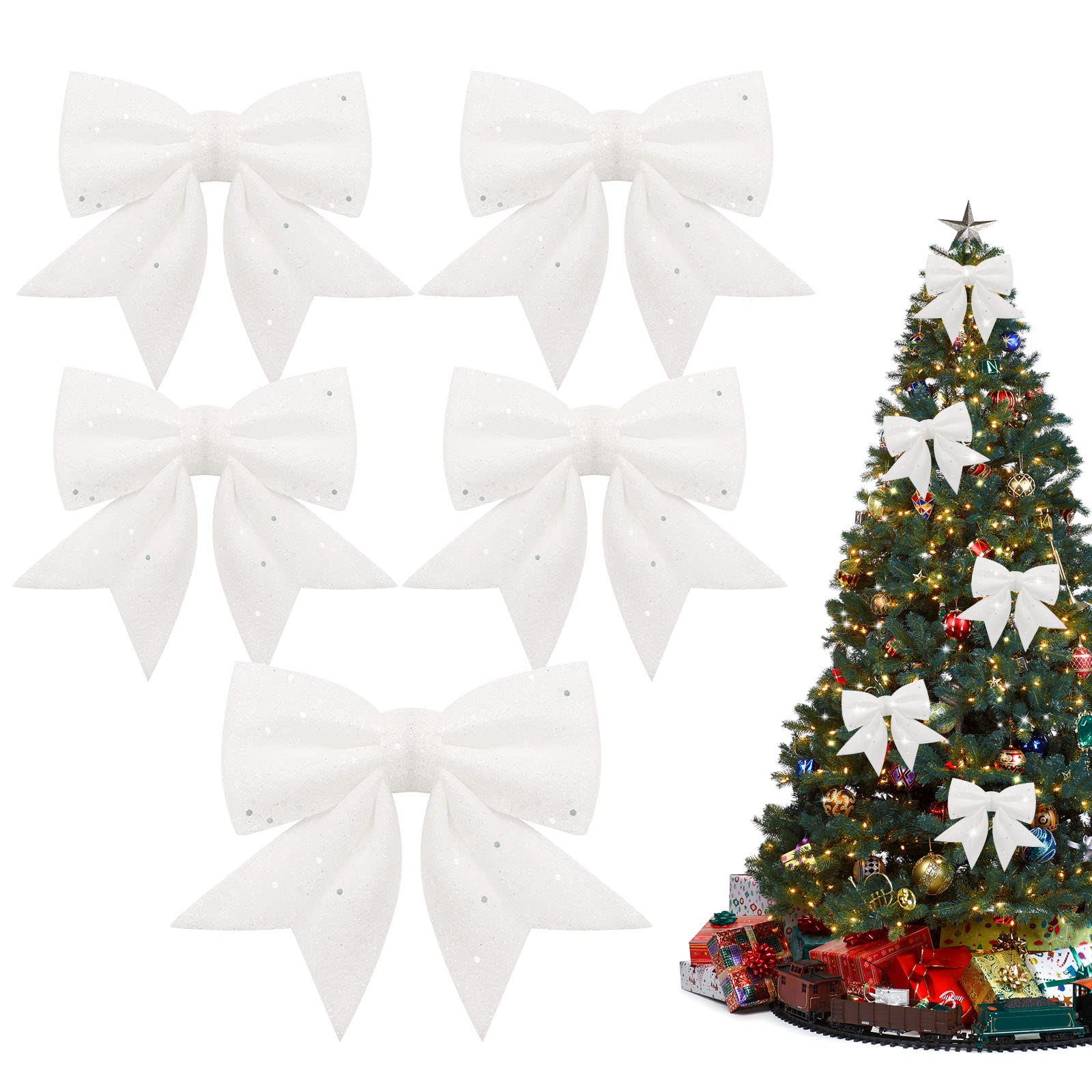 Yueshop Christmas Bows Large Bows Decoration, 5PCS 4.7in*5.9in Xmas Tree Bow Glitter, Sequin Bowknot Ties