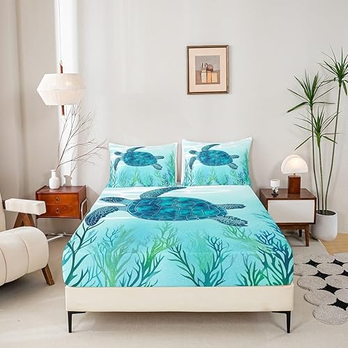 Miniatura 5 de Juego de sábanas de tortuga marina de verano, playa, tamaño King, sábanas con temática oceánica, sábanas y fundas de almohada, sábanas y fundas de