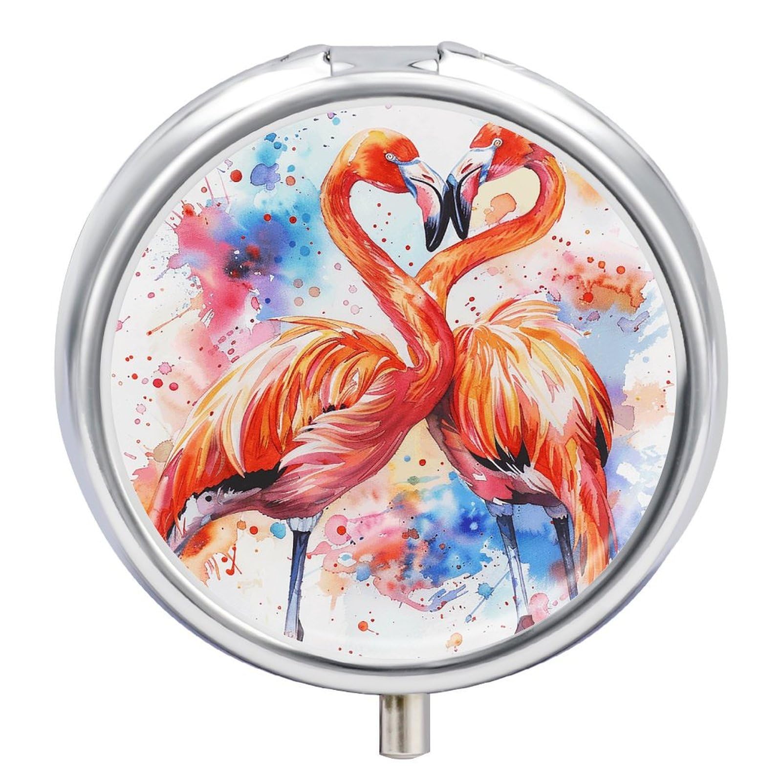 VBFKLPill Box 3 Compartment Medicine Pill Case Portable Round Pillbox Week Pill Holder Container for Vitamin Medicine Supplement Flamingos in Love Small Pill Organizer