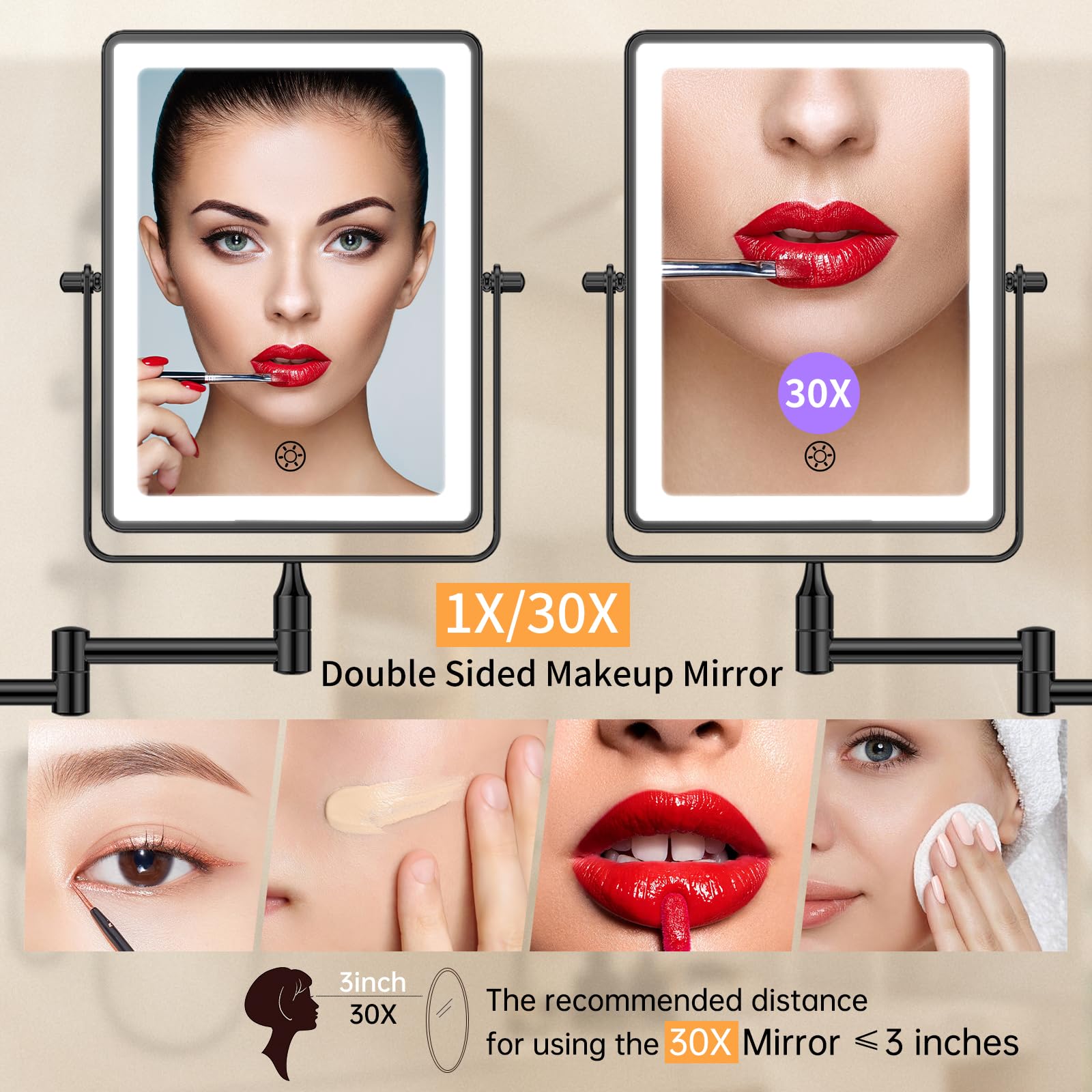FUNTOUCH Rechargeable Wall Mounted Lighted Makeup Mirror, 1X/30X