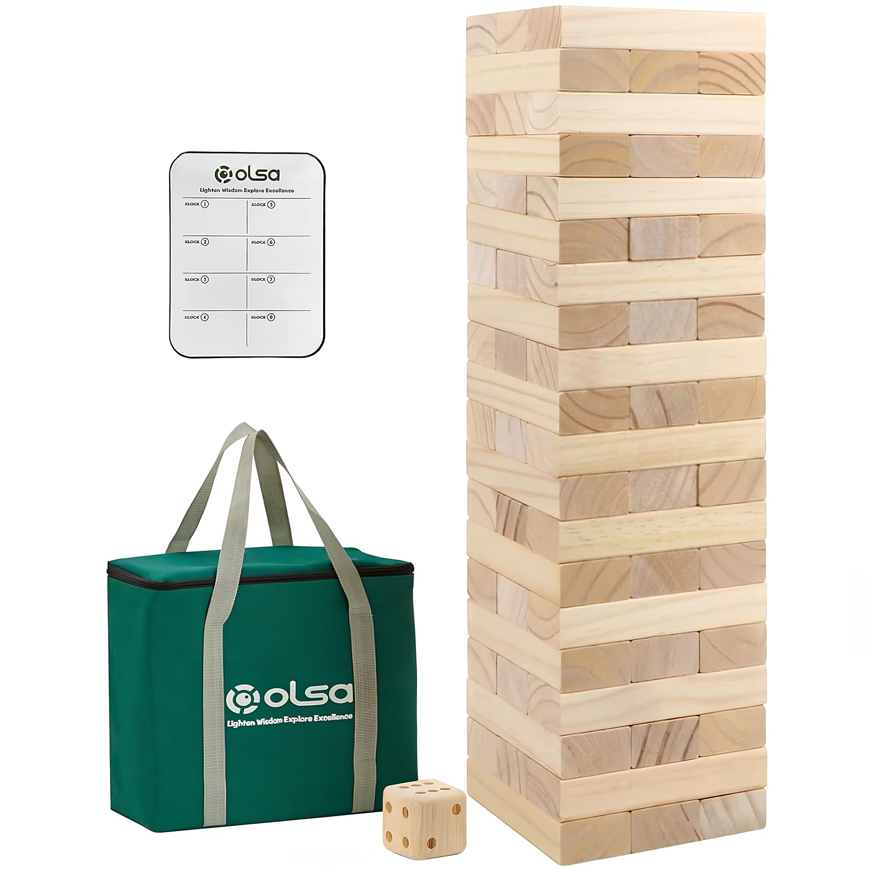 Olsa Giant Tumble Tower 60 PCS Wooden Block Stacking Games with Carrying Bag Classic Indoor & Outdoor Games for Kids Adults Family Backyard Lawn Beach Camping (Stack from 2.2 Ft to 5Ft)
