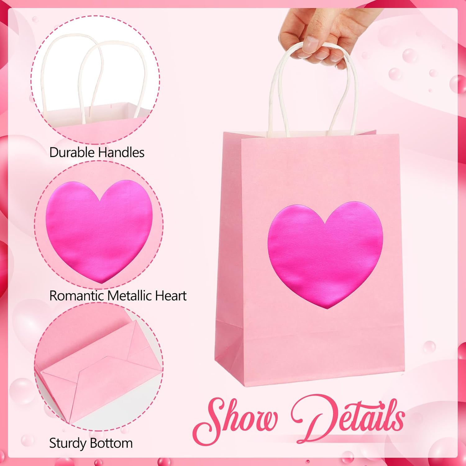 Jaloro 48 Pack Galentines Party Gift Bags with Tissue Paper 8 x 6 x 3.15 Inches Metallic Heart Candy Goodie Favor Kraft Paper Bags with Handles Gift Wrap Bag for Birthday Wedding Anniversary Dating