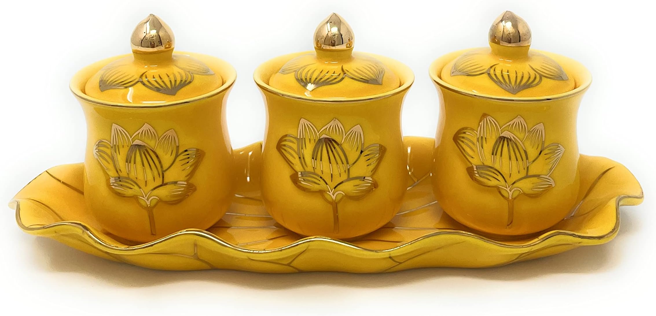Houlu 3 Altar Cups Set, Ceramic Holy Water Offering Cup, Tibetan Buddhist Worship Cup (Yellow)
