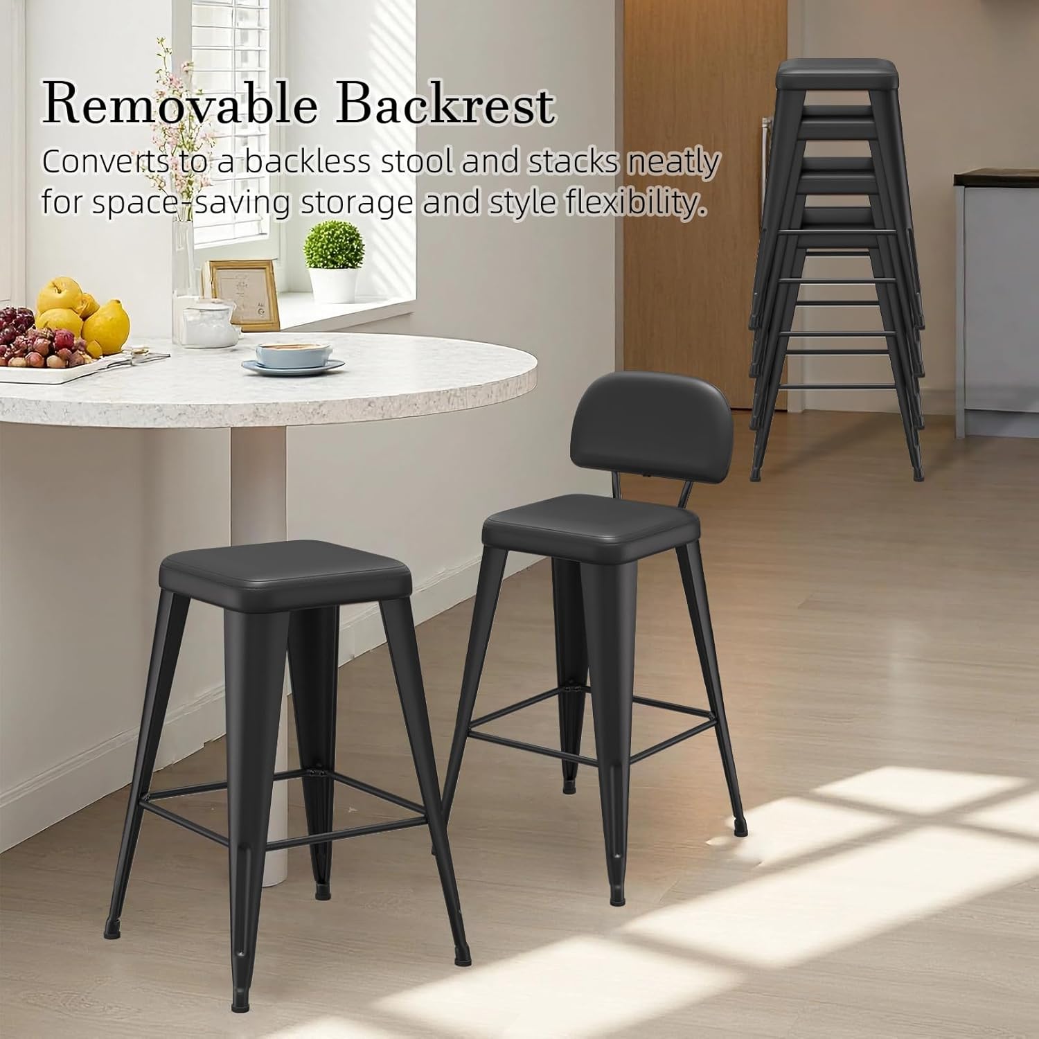 30 Inch Metal Bar stools Set of 4, Upholstered Counter Height Bar Stools with Removable Back & Metal Legs, Industrial Barstools for Kitchen Island, Cafe (Black)