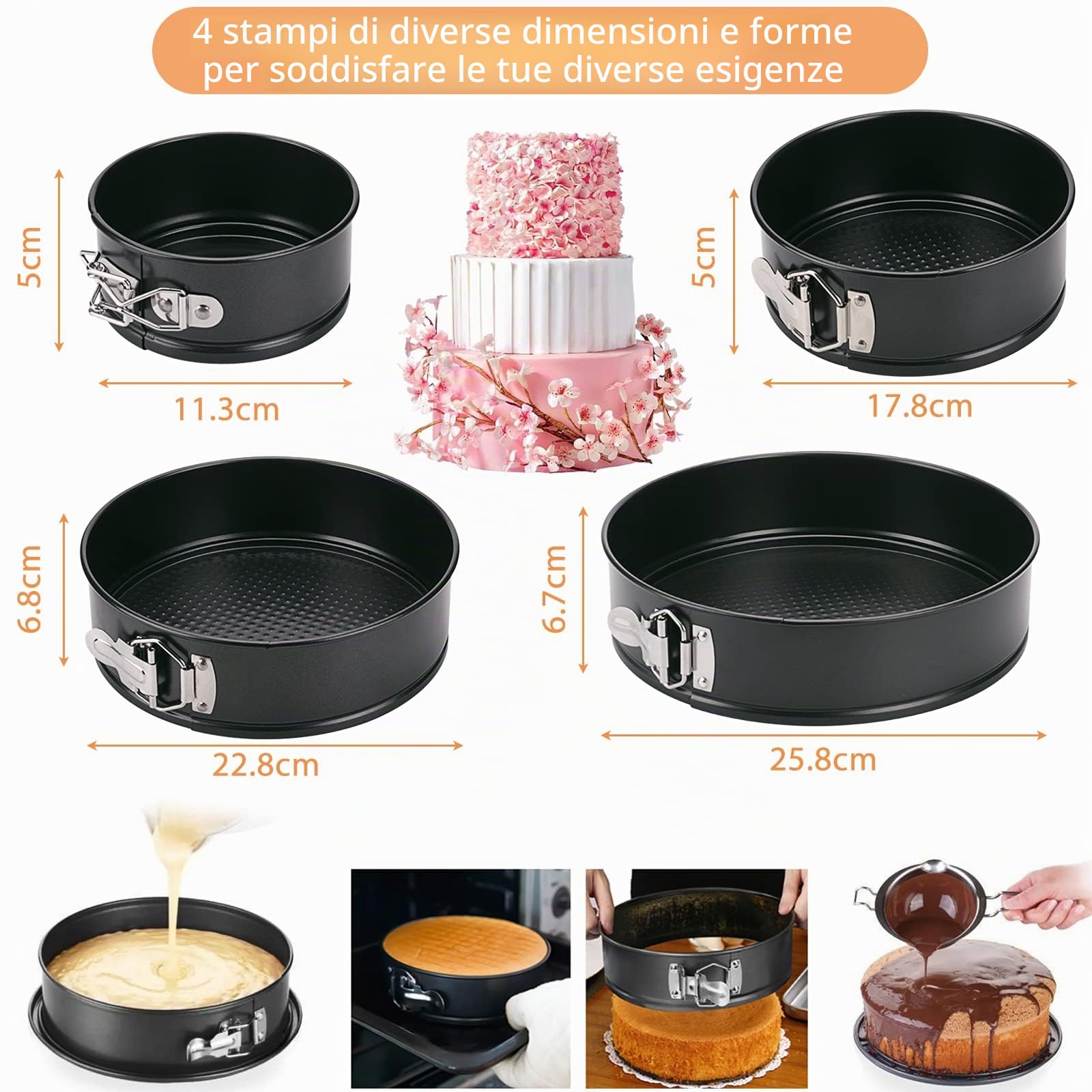 Amzeeniu Stampo per cerniera, set di 4 12/18/22/26 cm, stampo per torta rotondo professionale e utensili da cucina, fondo rimovibile antiaderente Leakproof regolabile il set, pizza e quichesacciaio al