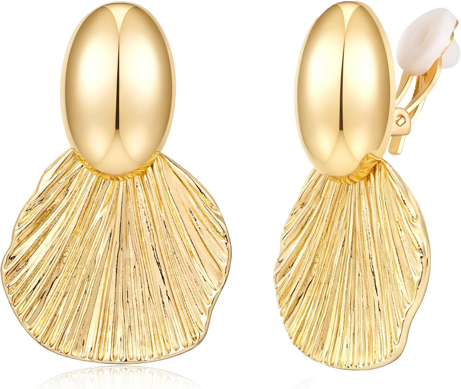 Gold-Plated Clip-On Earrings Non-Pierced Fan Shell Statement Earrings Textured Coastal Jewelry
