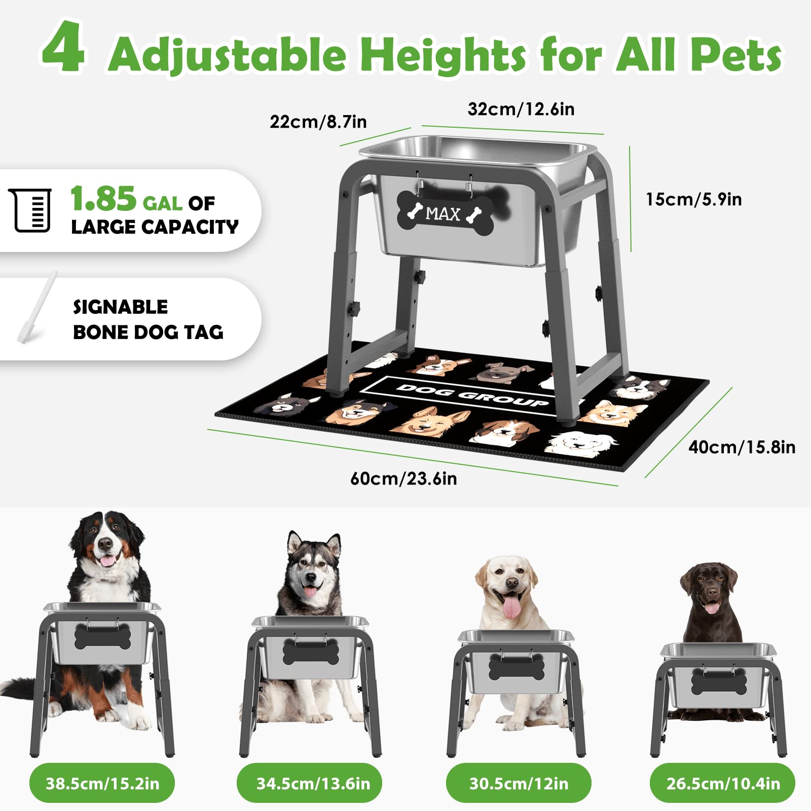 Cuenco elevado de agua para perros de 7 L, altura ajustable (13-17 pulgadas), cuenco elevado de acero inoxidable con alfombrilla a prueba de derrames y soporte de metal resistente, a prueba de puntas