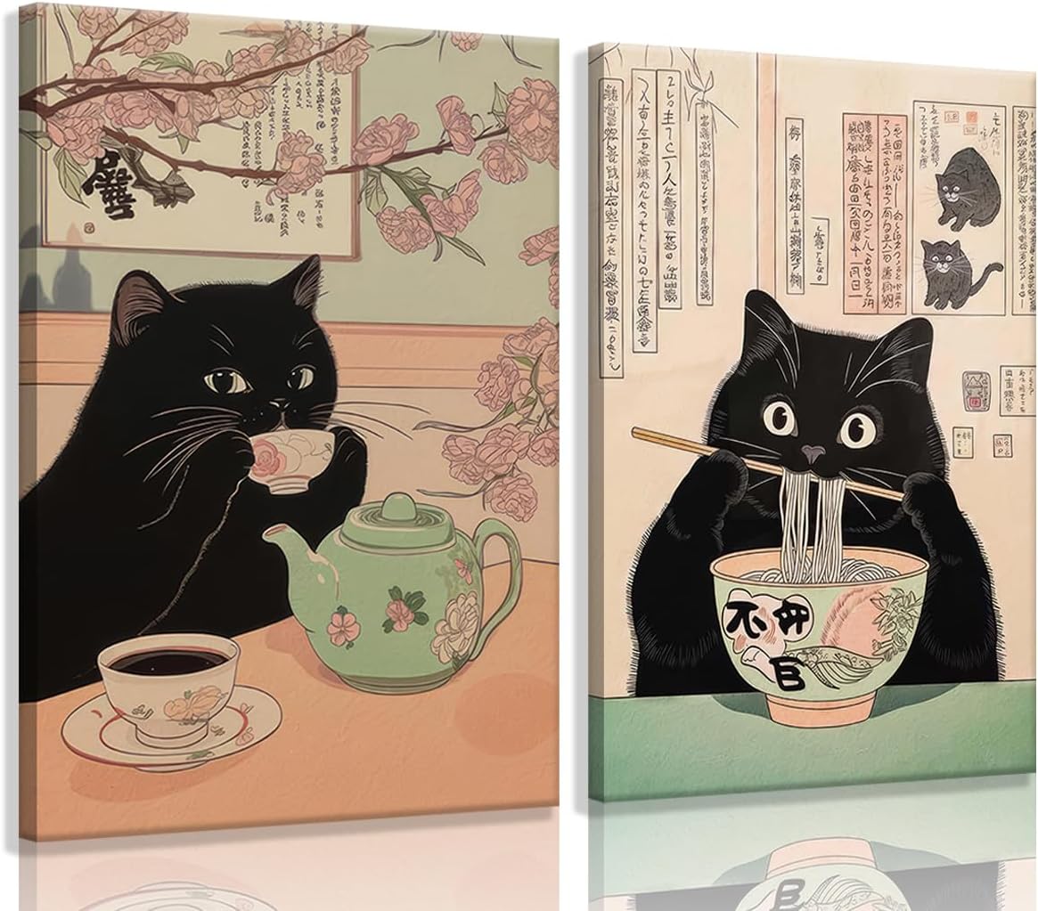 TEOVGKN 2Pcs Vintage Japanese Black Cat Canvas Wall Art, Funny Ramen Noodle and Tea Pictures, Quirky Kitchen Dining Room Decor, Japandi Foodie Canvas Prints, FRAMED READY TO HANG (16x24in)