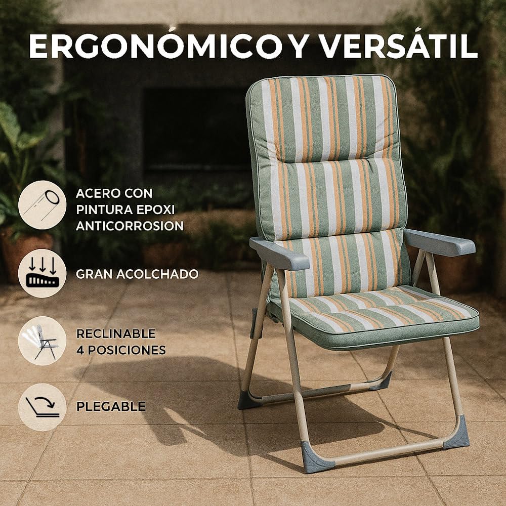 LOLAhome Sillón de Jardín Acolchado y Reclinable en 4 Posiciones. Estructura de Tubo de Acero y Lona Verde Multicolor. Colchón de 5 cm de Grosor. 61x58x106 cm.