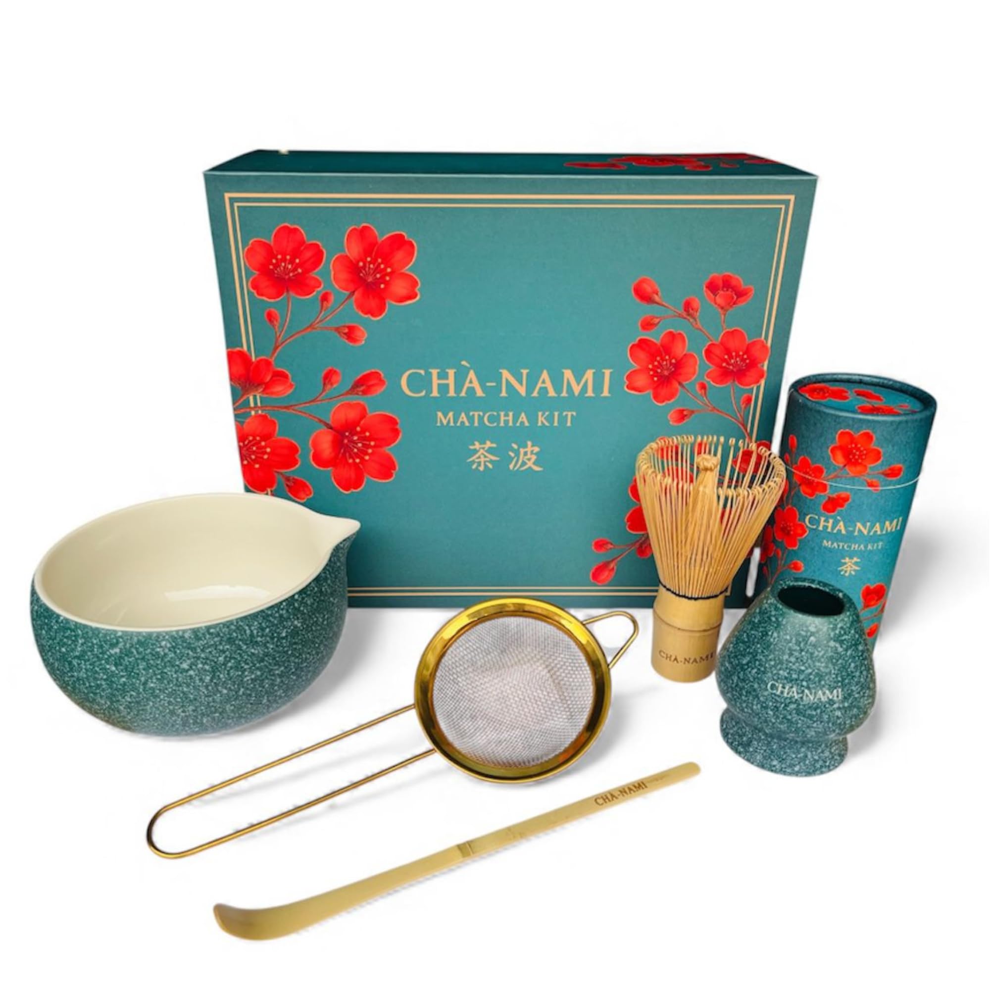 Matcha Set Classic 5-teilig, japanisches Matcha Zubehör Set mit Keramikschale, 100-Borsten-Chasen, Bambuslöffel, Edelstahlsieb und Keramikhalter