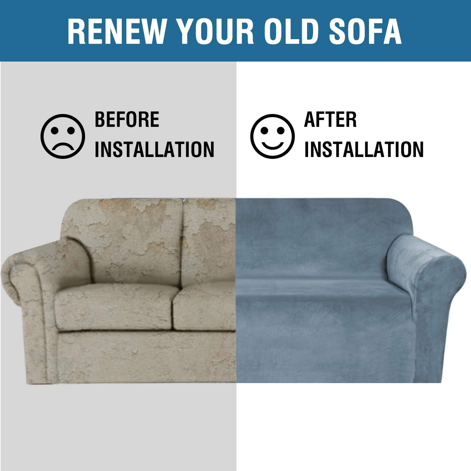 H.VERSAILTEX Stretch Velvet Loveseat Covers for 2 Cushion Couch Covers for Living Room Sofa Covers Slipcovers with Non Slip Straps Bottom, Ultra Thick Comfy Velour (Width 58"-72", Stone Blue) : Home & Kitchen