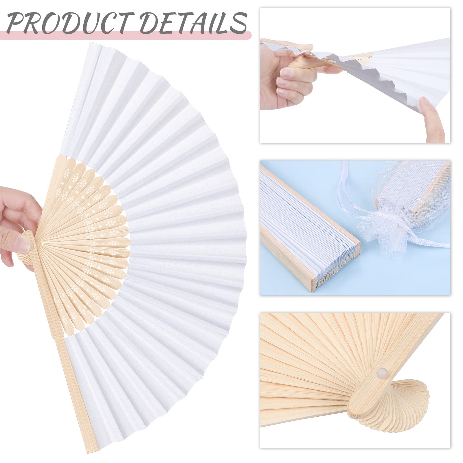 MCEAST 80 Stück weiße Faltbare Papierfächer Hochzeitsfächer Handfächer Papierfächer aus weißem Bambus Papier Handfächer Faltbar Coole Hochzeitsgeschenke mit 80 Organza-Beutel für DIY Hochzeit Dekor