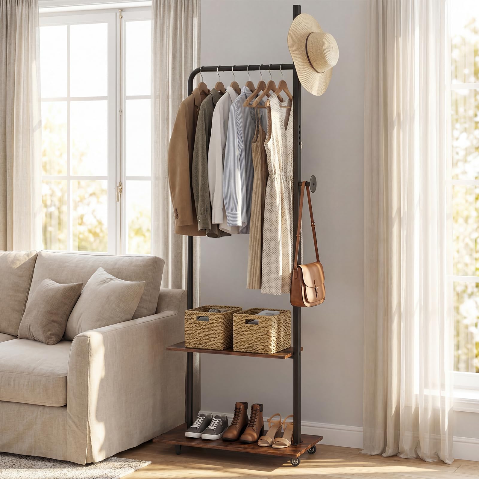 COSTWAY Appendiabiti da Terra, Attaccapanni con Ruote 2 Ganci e 2 Ripiani, Porta Abiti in Legno per Ingresso Camera Salotto, 60 x 30 x 175 cm