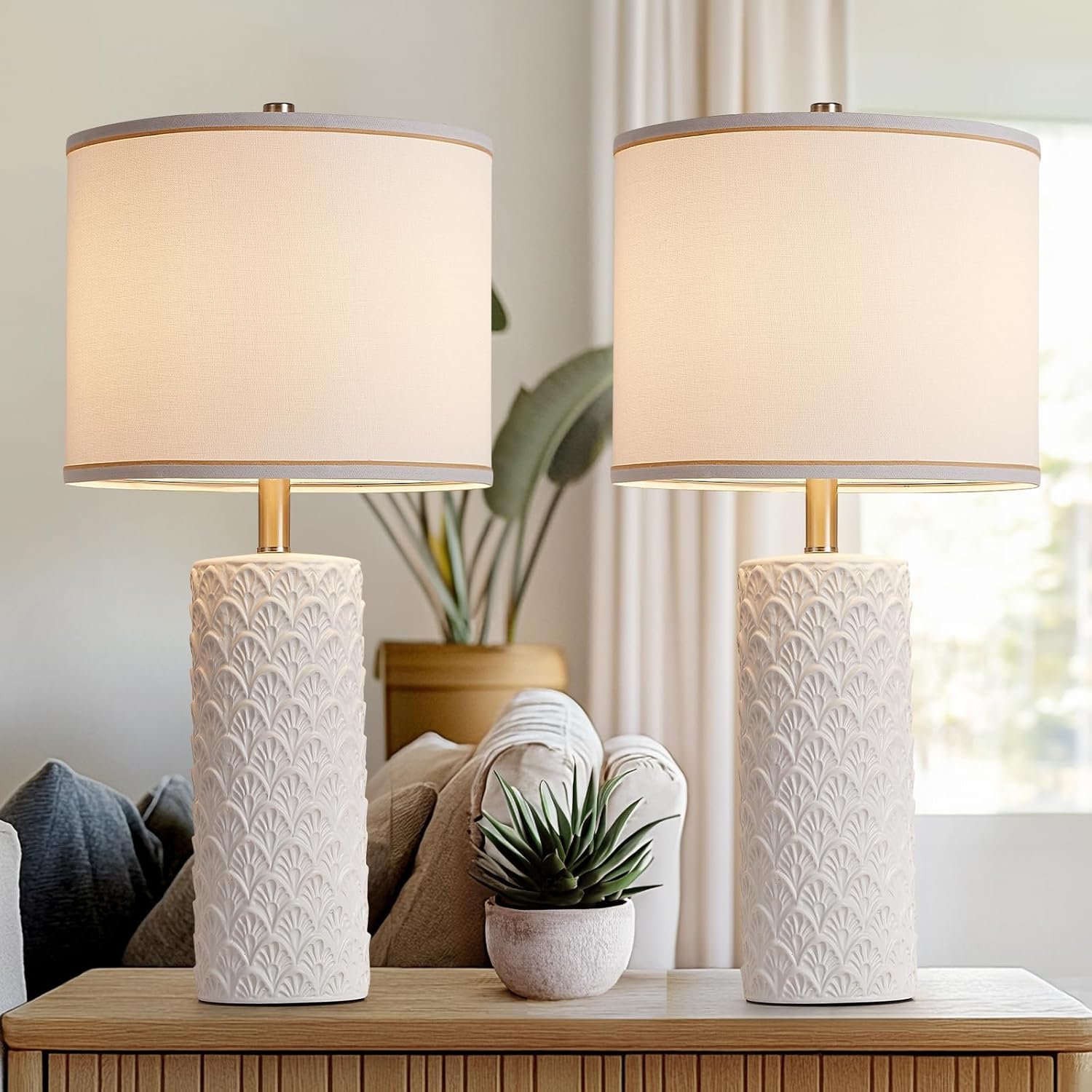 27" White Modern Ceramic Table Lamp Set of 2, Farmhouse Bedside Lamps for Living Room, 3 Color Temperature Rustic Table Lamps for Bedroom, Night Stands, Dorm,Office, Home Décor (Bulb Included)