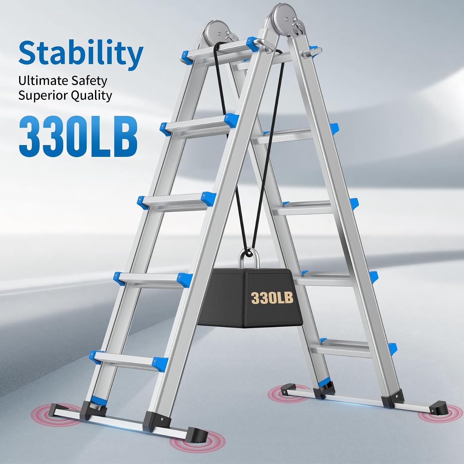 17FT Aluminum Foldabl Extension Ladder - Heavy-Duty A-Frame Adjustable Design for Home & Work, 330lbs Capacity, Retractable System with Safety Lock