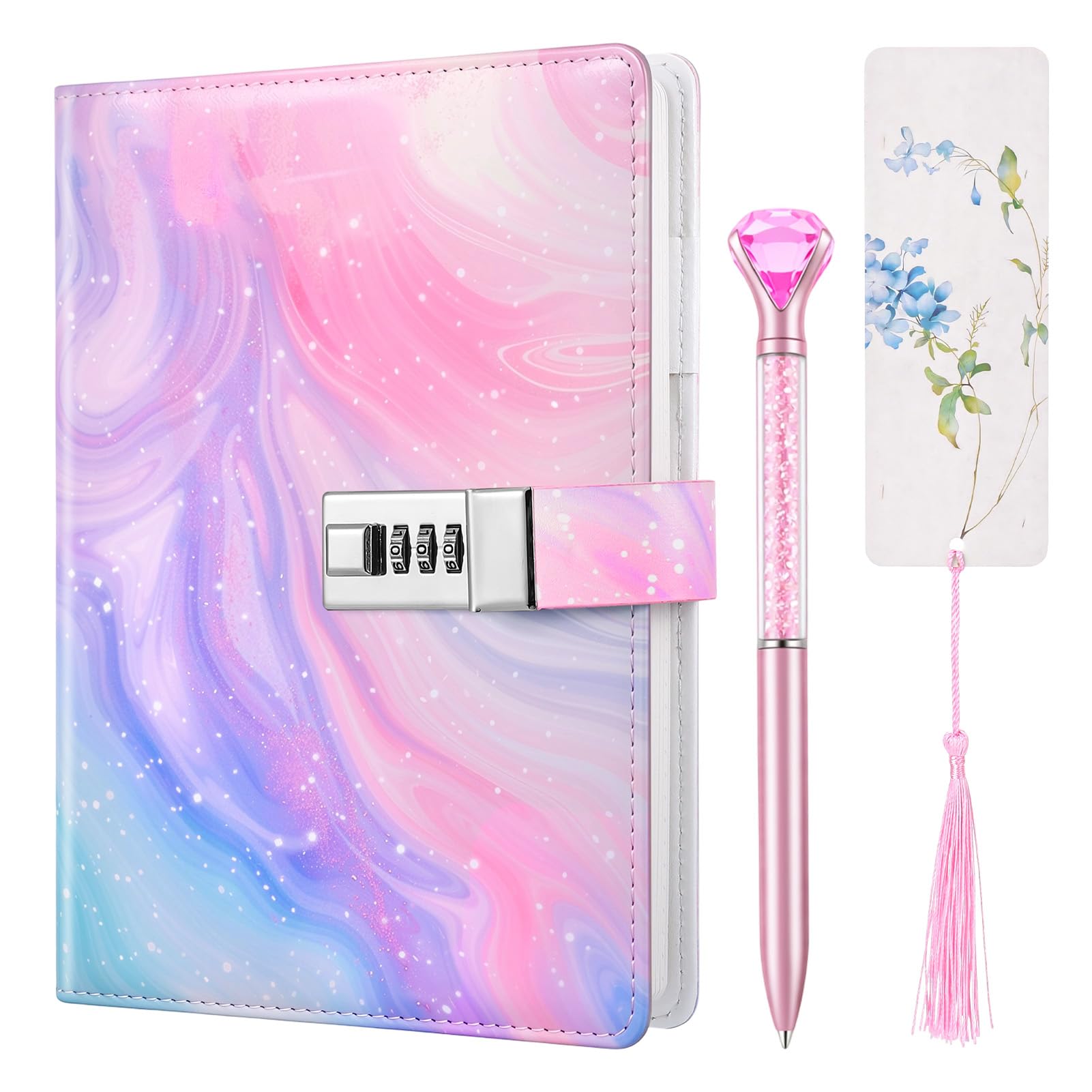Candcamp Secret Diary with Lock for Girls, Colorful UV Leather Journal with Lock Kids Password Journal Notebook Kit with Diamond Pen Bookmark for Back to School Birthday Festival Present — image 1