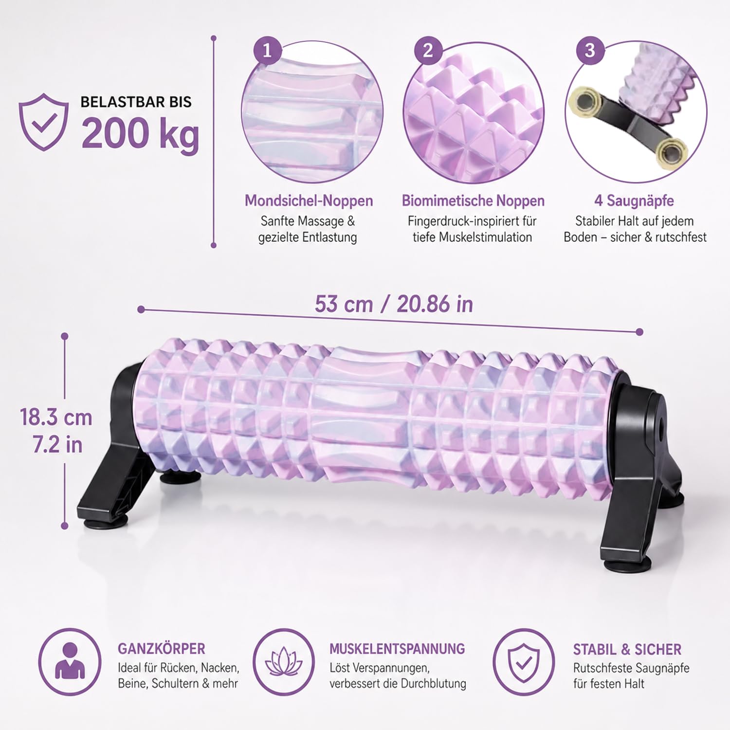 Faszienrolle Wirbelsäule mit 3D-Texturmassage, 53cm Foam Roller mit Ständer, Mittlere Härte, Rückenrolle für Rücken, Nacken und Beine, für Körperdehnung, Erholung und Training, Bunt