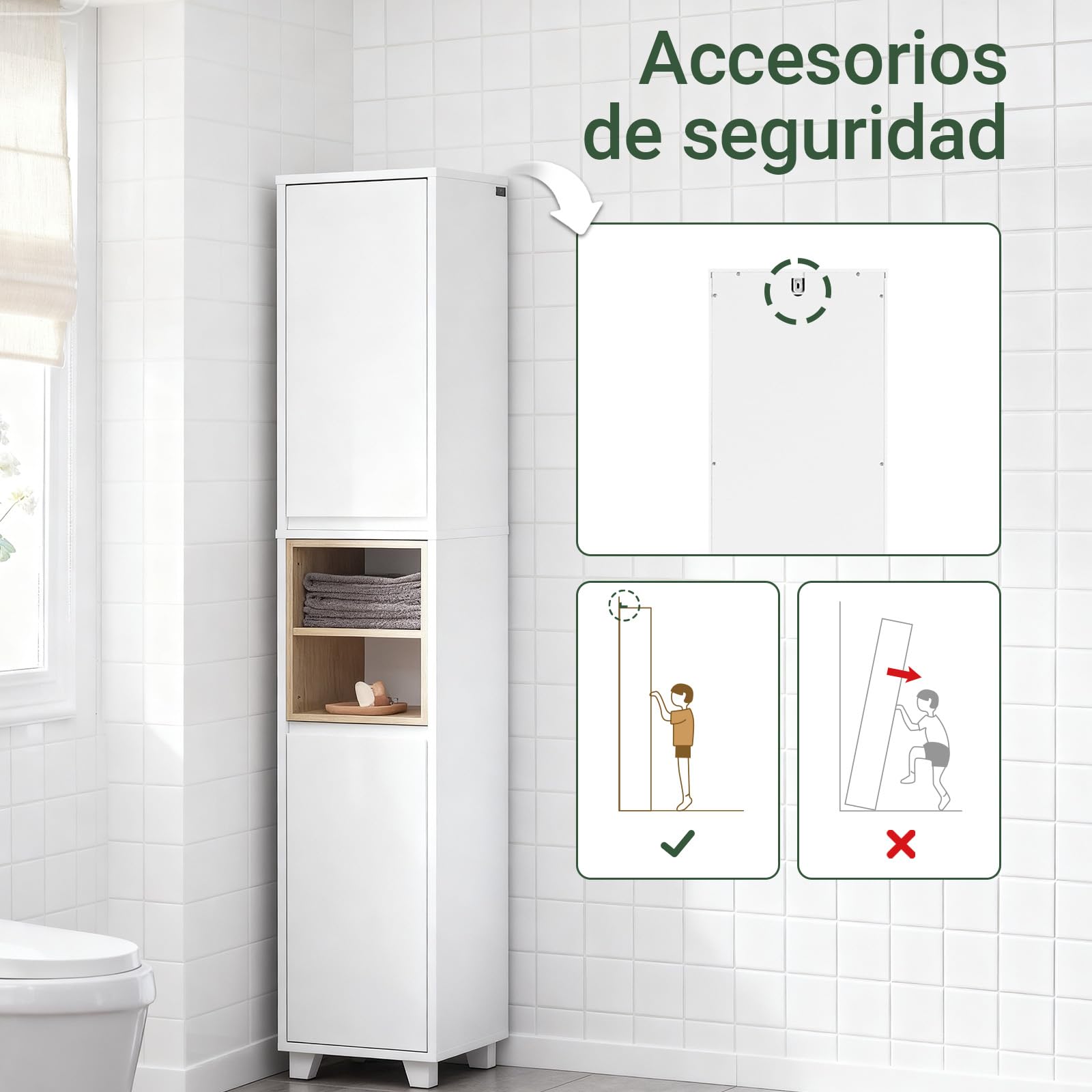 SoBuy Mueble Baño Estrecho con Puertas y Baldas Abiertas 30x170x30 cm | Armario Estrecho y Alto Blanca de MDF/PB Mueble Auxiliar Baño con Estantes Ajustables para Almacenaje BZR147-W