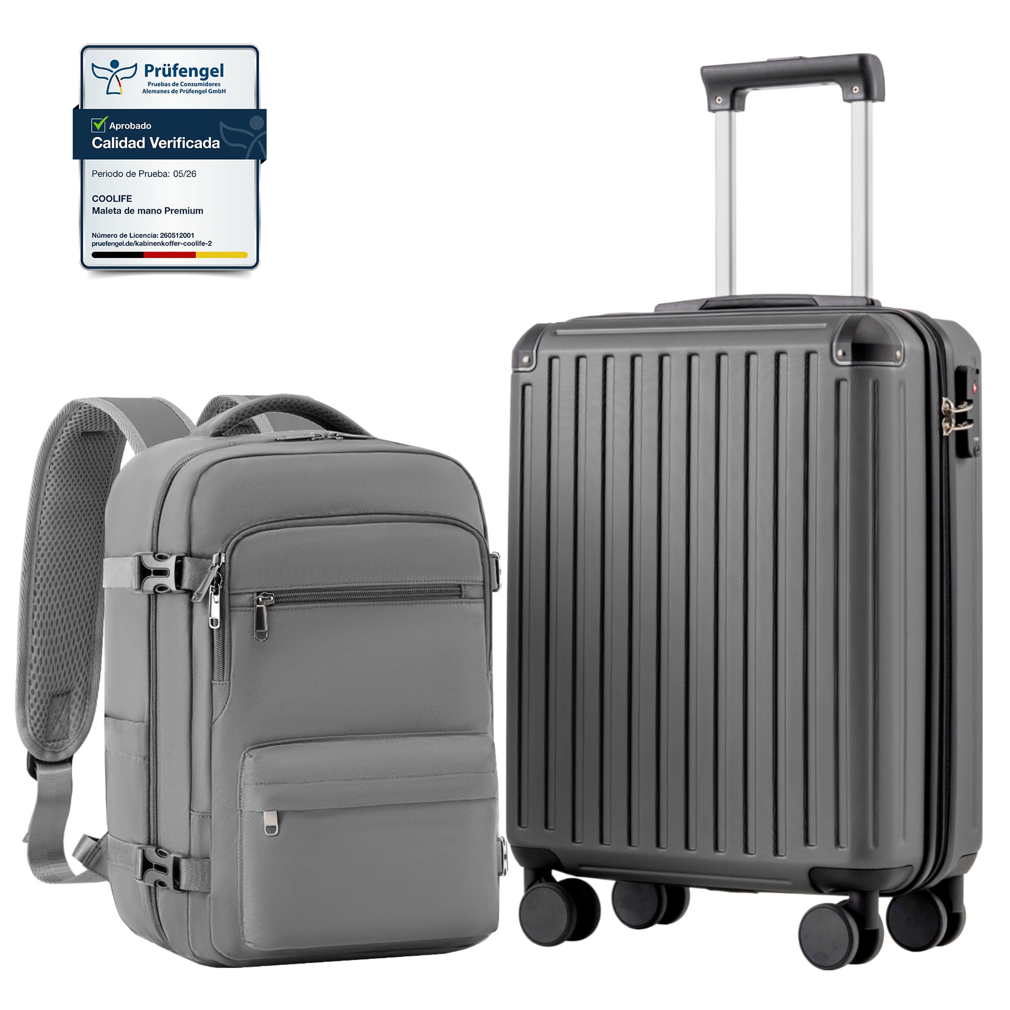 COOLIFE Maleta de Cabina 55 x 40 x 20 cm para avión Ryanair, Equipaje de Mano, Equipaje de Cabina, maletín rígido con Cerradura TSA y 4 Ruedas gemelas (Gris, 55 x 40 x 20 cm - Set de 2 Piezas)
